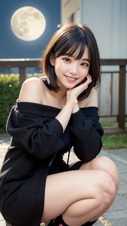 Half-body photo、Take close-up photos of your face、Fair skin、Great light、Beautiful lighting、、Blunt bangs、Detailed embroidery、Black Dress、Off-the-shoulder jacket、Gorgeous Accessories、Knee-high socks、Full moon night、Outdoor Background、smile、かわいいsmile