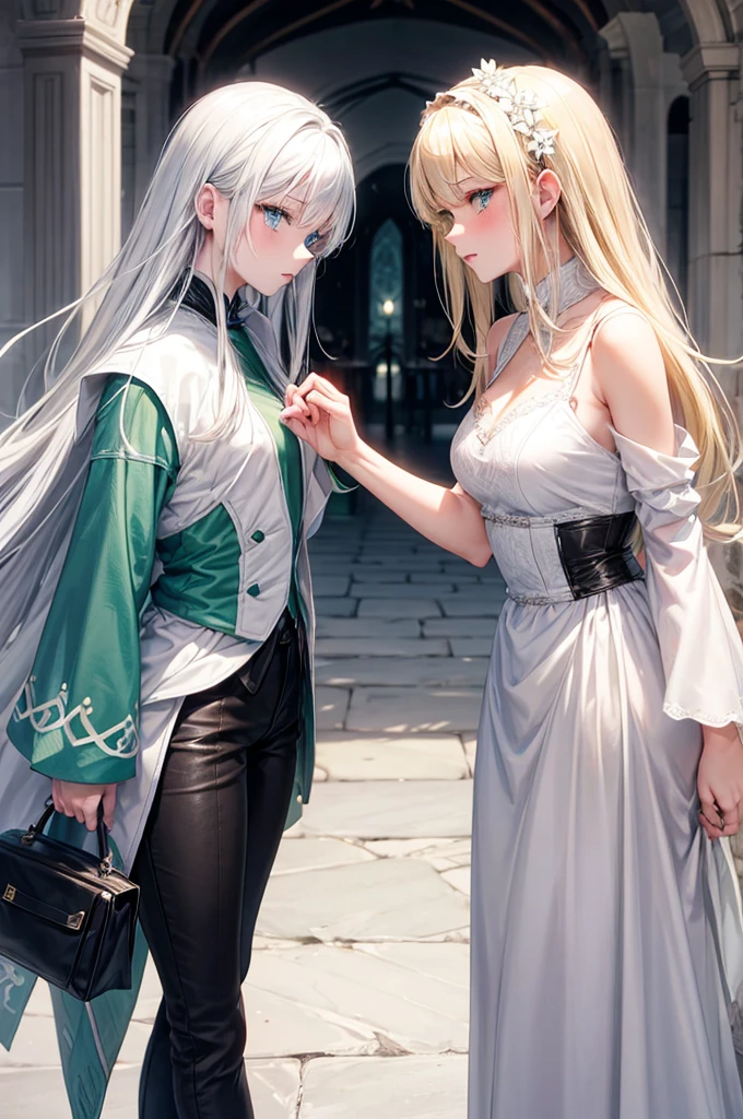 Couple blonde female with blue eyes and white haired male with green eyes