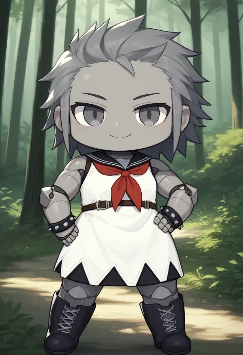 score_9, score_8_up, source_anime, masterpiece, best quality, absurdres, BREAK 1girl, chibi, grey metallic skin, grey long spiked metallic hair, grey eyes, hand on hip, forest, BREAK white dress, black boots, black wristband, red neckerchief, smile