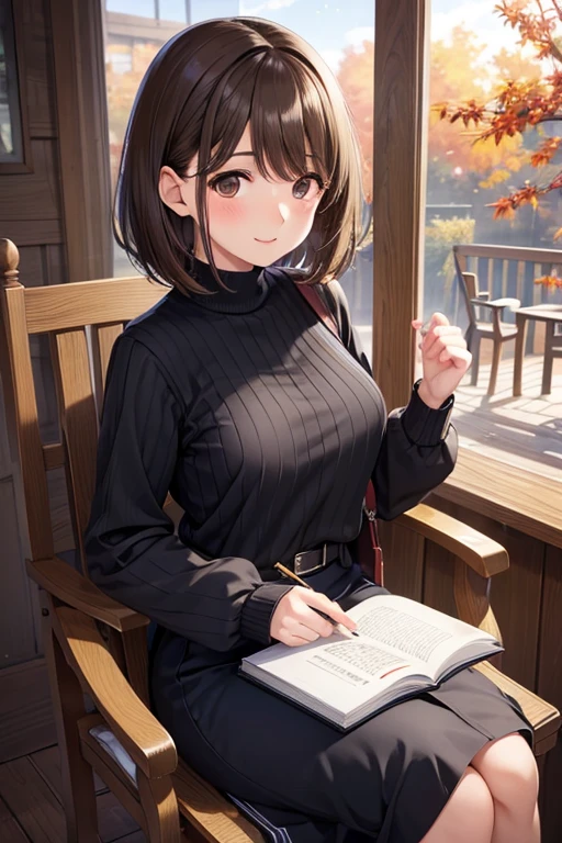 anegasaki nene、Shiny brown hair, short hair, (Beautiful brown eyes、Sparkling eyes, Fine grain)、smile、Ultra-detailed eyes、Highly detailed face, Highly detailed eyes,Cowboy Shot、

(Highest quality,Extremely detailed depiction,Incredible high resolution,Anatomically accurate depiction,software),

masterpiece, Highest quality,  Single Blade, Black sweater, Pencil Skirt, Sitting, Rocking Chair, Pouch, autumn, View your viewers