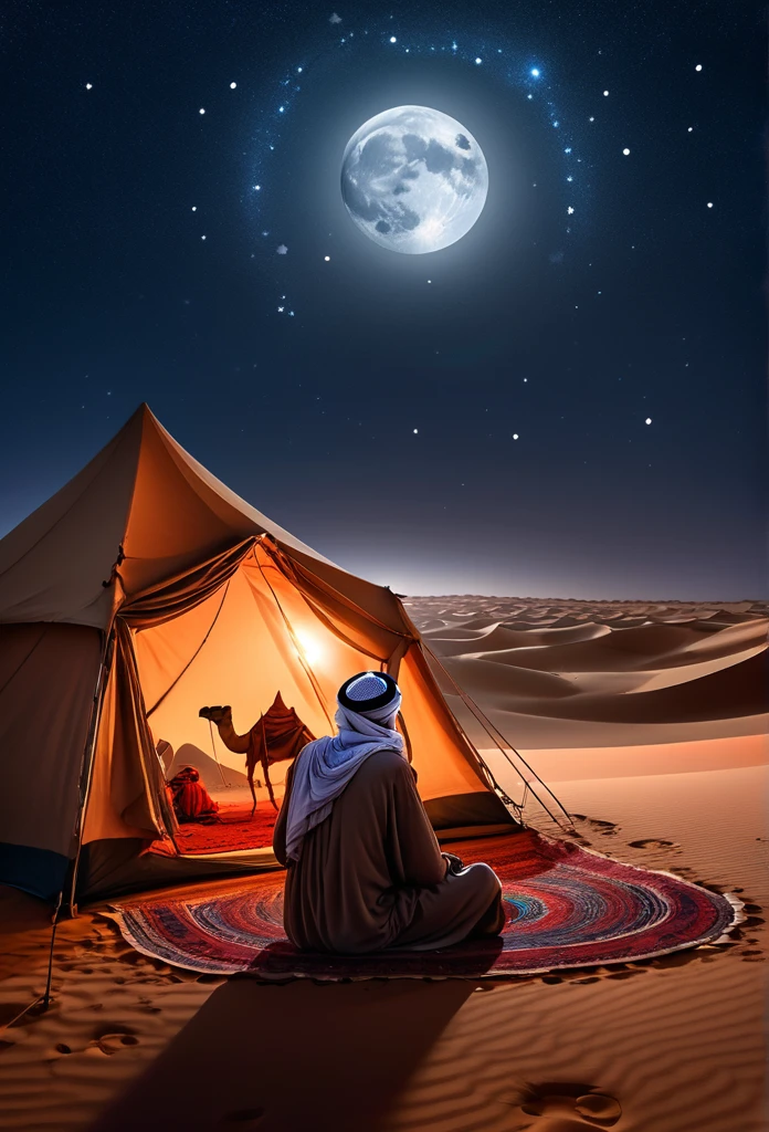 In the vast Sahara Desert, under the silvery glow of a big, full moon, an ancient Arabian man contemplates inside his tent. The starry night sky comes alive with a shooting star streaking across the horizon, leaving a luminous trail behind. In the distance, a caravan of merchants with red camels marches across the dunes, their journey illuminated by celestial wonder.
