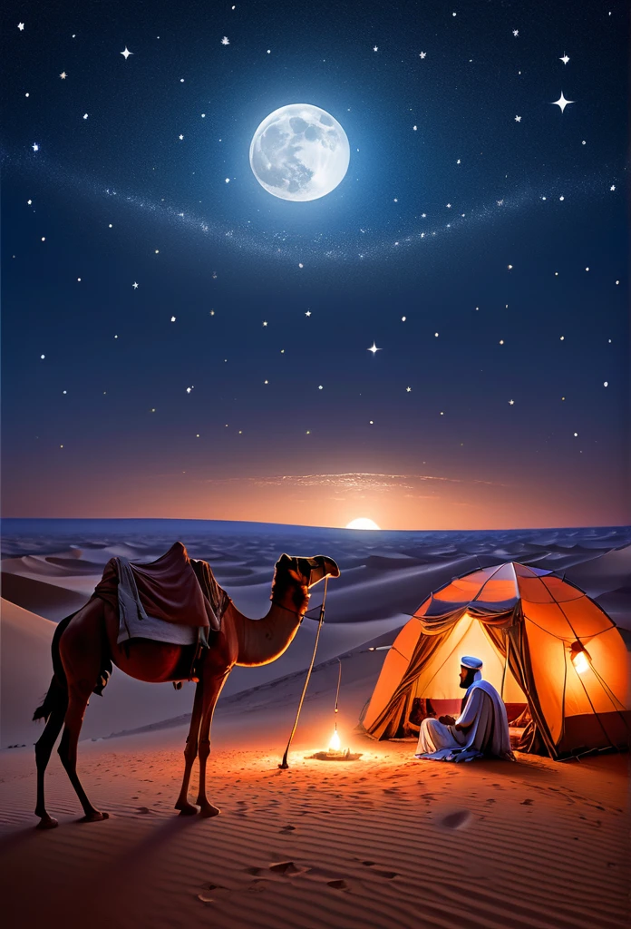 In the vast Sahara Desert, under the silvery glow of a big, full moon, an ancient Arabian man contemplates inside his tent. The starry night sky comes alive with a shooting star streaking across the horizon, leaving a luminous trail behind. In the distance, a caravan of merchants with red camels marches across the dunes, their journey illuminated by celestial wonder.