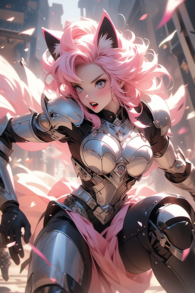 1girl, cat ears, pink hair, full plate, war hammer, ready to pounce, ready to jump, teeth, knight