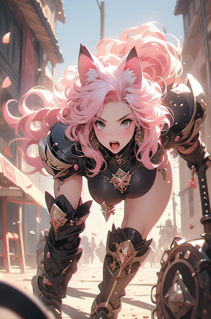 1girl, cat ears, pink hair, full plate, war hammer, ready to pounce, ready to jump, teeth, knight