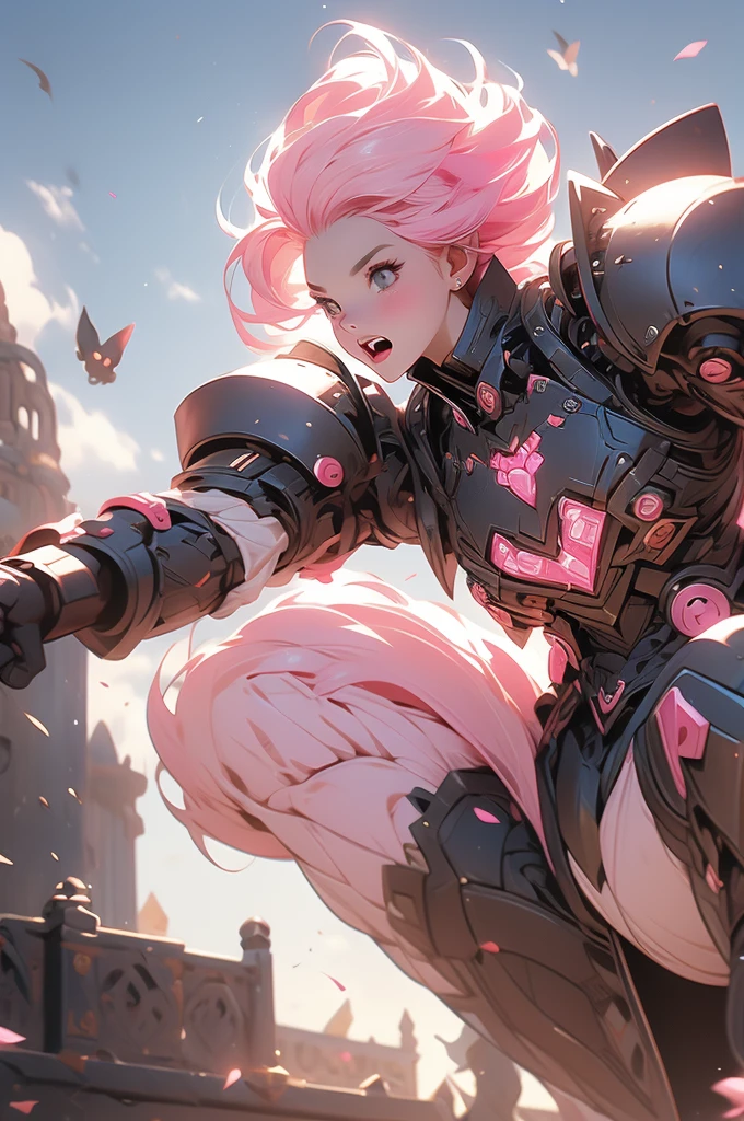1girl, cat ears, pink hair, full plate, war hammer, ready to pounce, ready to jump, teeth, knight
