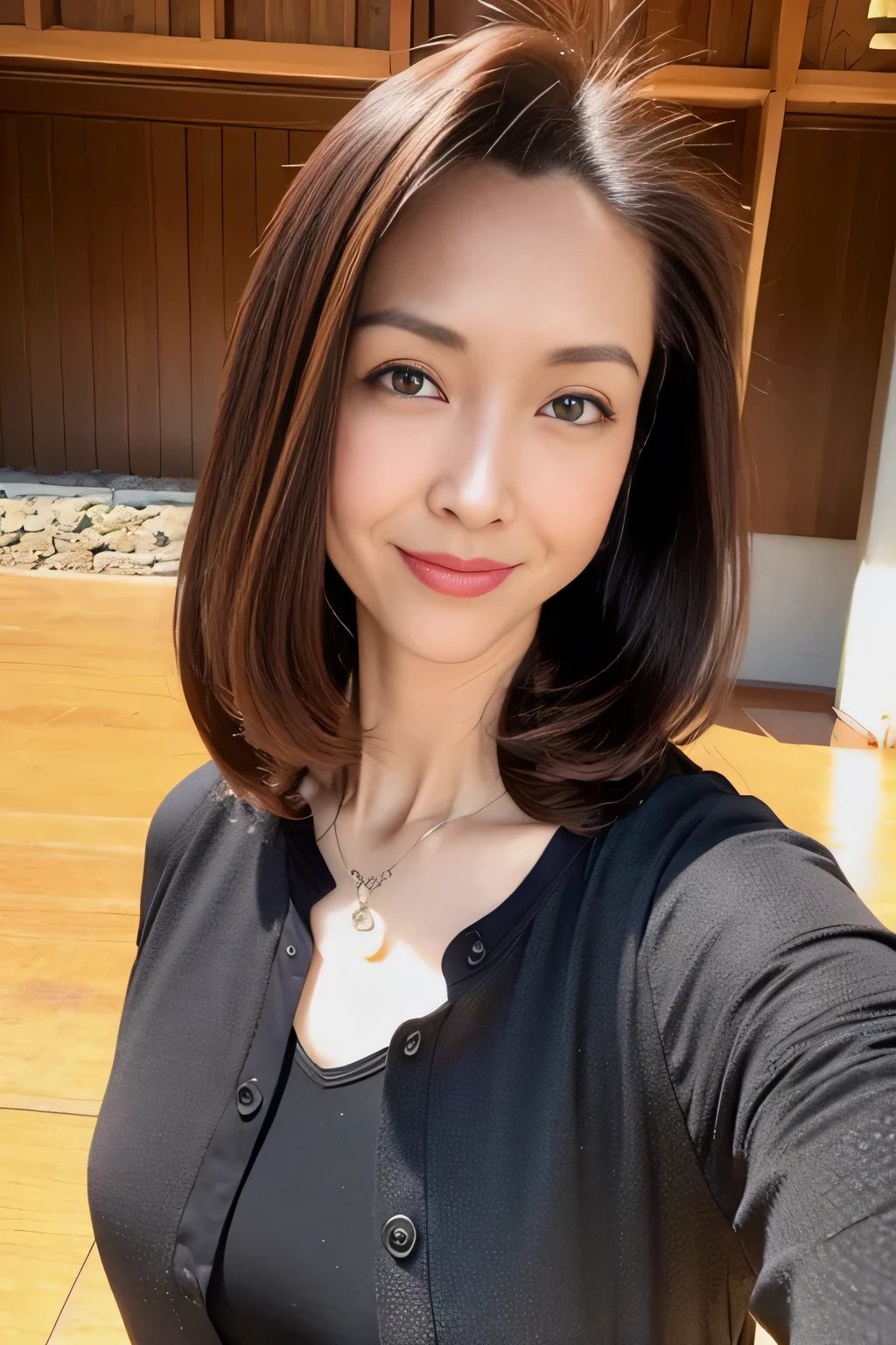 Dark brown hair, Light brown eyes, Japanese women, 40 years old, Intricate details, Upper body photo, (Detailed eyes), (Detailed facial features), Highest quality, Ultra-high resolution, 8k resolution, Written boundary depth, at the park, Small breasts, Slender figure、Wearing a plain, light blouse, (View your audience), (Standing in a sexy pose)