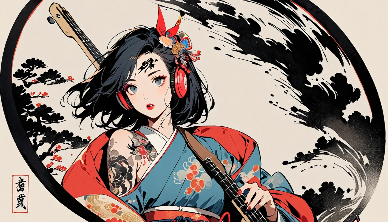 (((Ink Painting))), Fashion portrait color photos, (((1 girl))), (((Playing electric bass))), (((Tattoo in the center of the forehead))), (((Very flashy hair accessories))), (((Very flashy makeup))), Japanese style headphones, front view, Japan人の美少女, Black Hair, Delicate and precise, Modern ukiyo-e style,Japan, Droopy eyes, round face, Fuller lips, pink