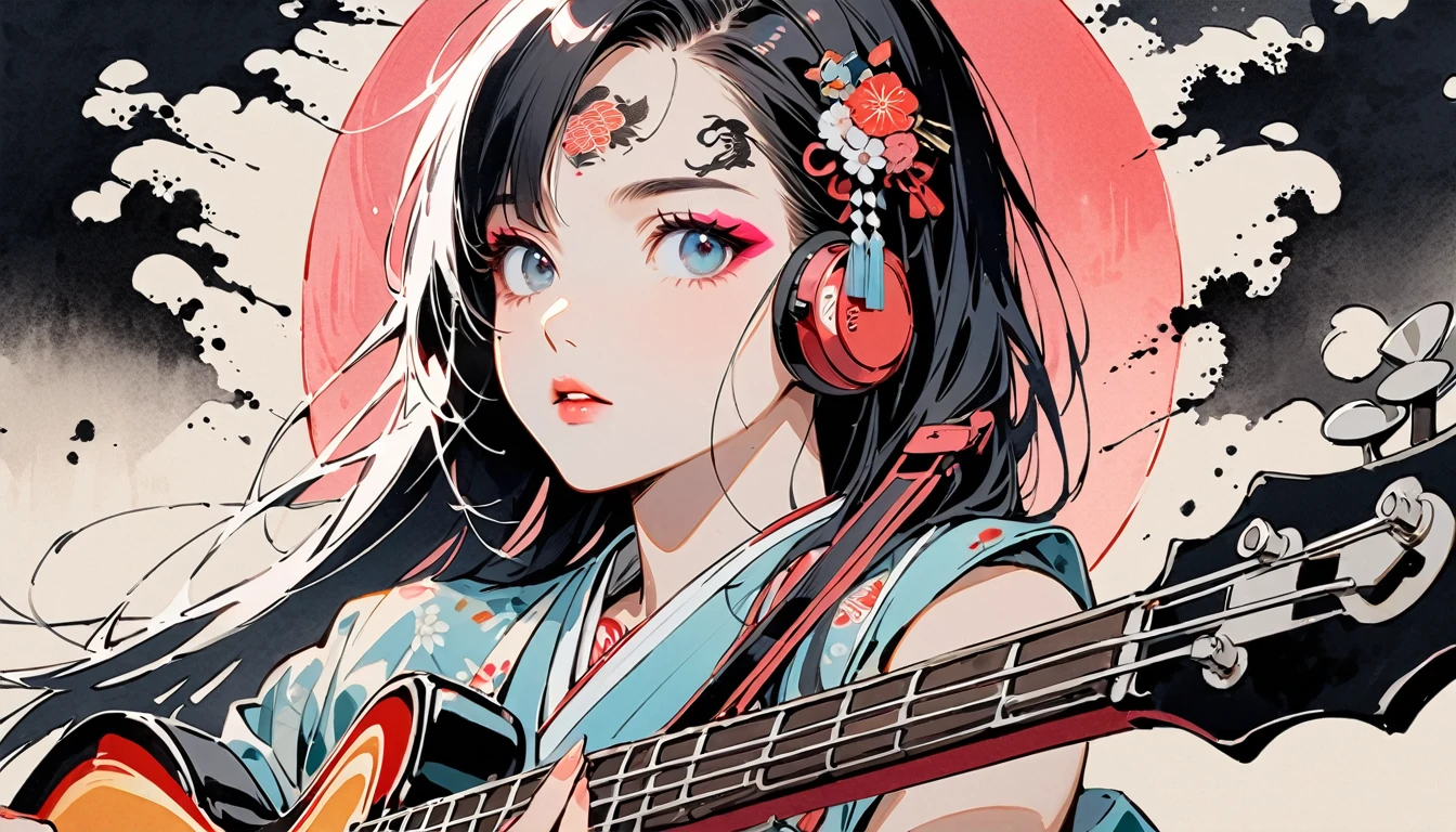 (((Ink Painting))), Fashion portrait color photos, (((1 girl))), (((Playing electric bass))), (((Tattoo in the center of the forehead))), (((Very flashy hair accessories))), (((Very flashy makeup))), Japanese style headphones, front view, Japan人の美少女, Black Hair, Delicate and precise, Modern ukiyo-e style,Japan, Droopy eyes, round face, Fuller lips, pink