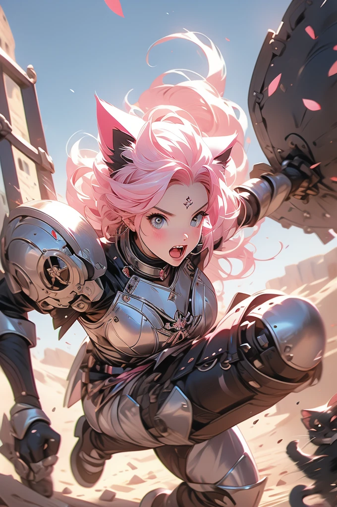 1girl, cat ears, pink hair, full plate, war hammer, ready to pounce, ready to jump, teeth, knight
