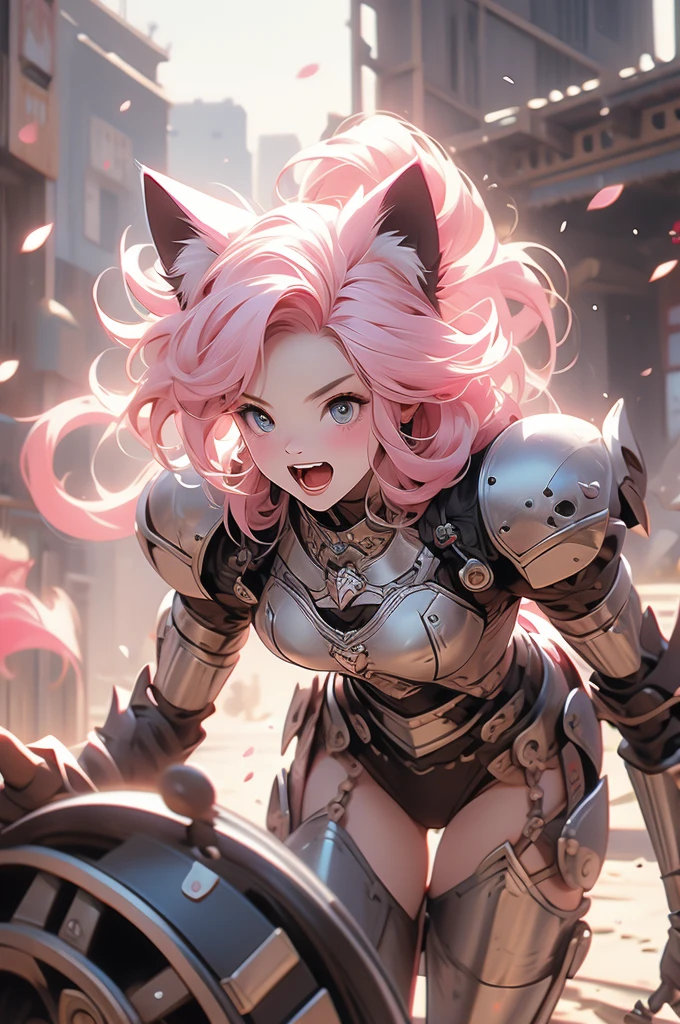 1girl, cat ears, pink hair, full plate, war hammer, ready to pounce, ready to jump, teeth, knight