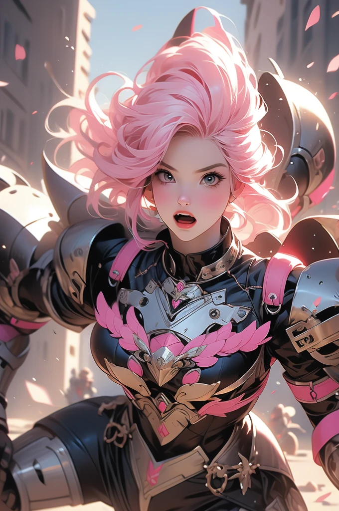 1girl, cat ears, pink hair, full plate, war hammer, ready to pounce, ready to jump, teeth, knight