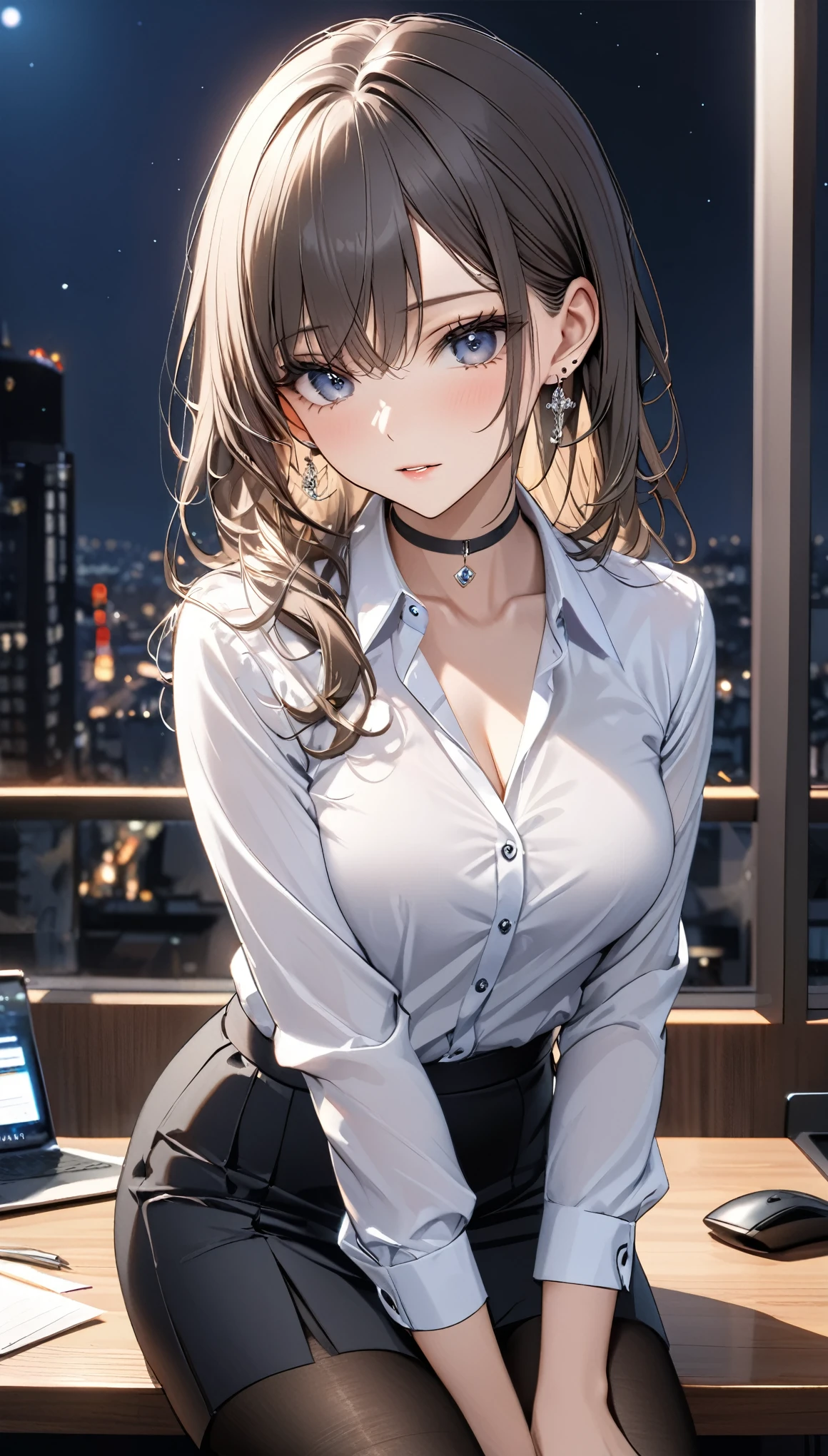 best quality, super_delicate, ultra detailed, beautiful, 8k, business shirt, skirt, earrings, choker, black tights, night