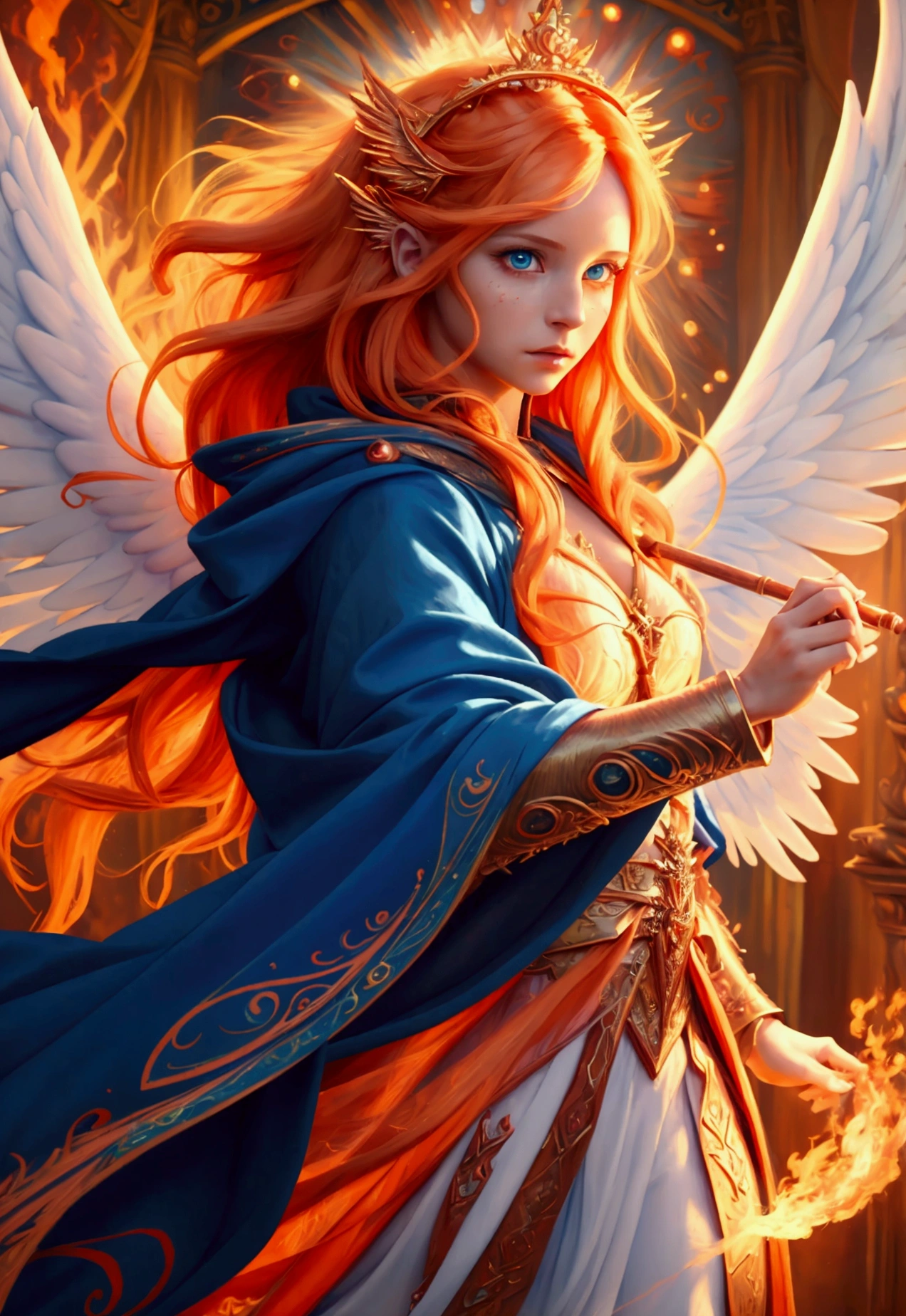 a picture  female aasimar sorceress casting a fire spell,  exremley beautiful female aasimar, orange hair, long hair, wavy hair, dynamic eyes color, angelic eyes, radiant magical eyes, ultra detailed face, spread angelic wings, white angelic wings, wearing dynamic color robe, wearing blue cloak, long cloak, flowing cloak with fire motifs,  armed with magical staff,  manipulating fire magical energy, vibrant, Ultra-high resolution, High Contrast, (masterpiece:1.5), highest quality, Best aesthetics), best details, best quality, highres, 16k, [ultra detailed], masterpiece, best quality, (extremely detailed) RAW, fantasy art, dnd art, angel_wings