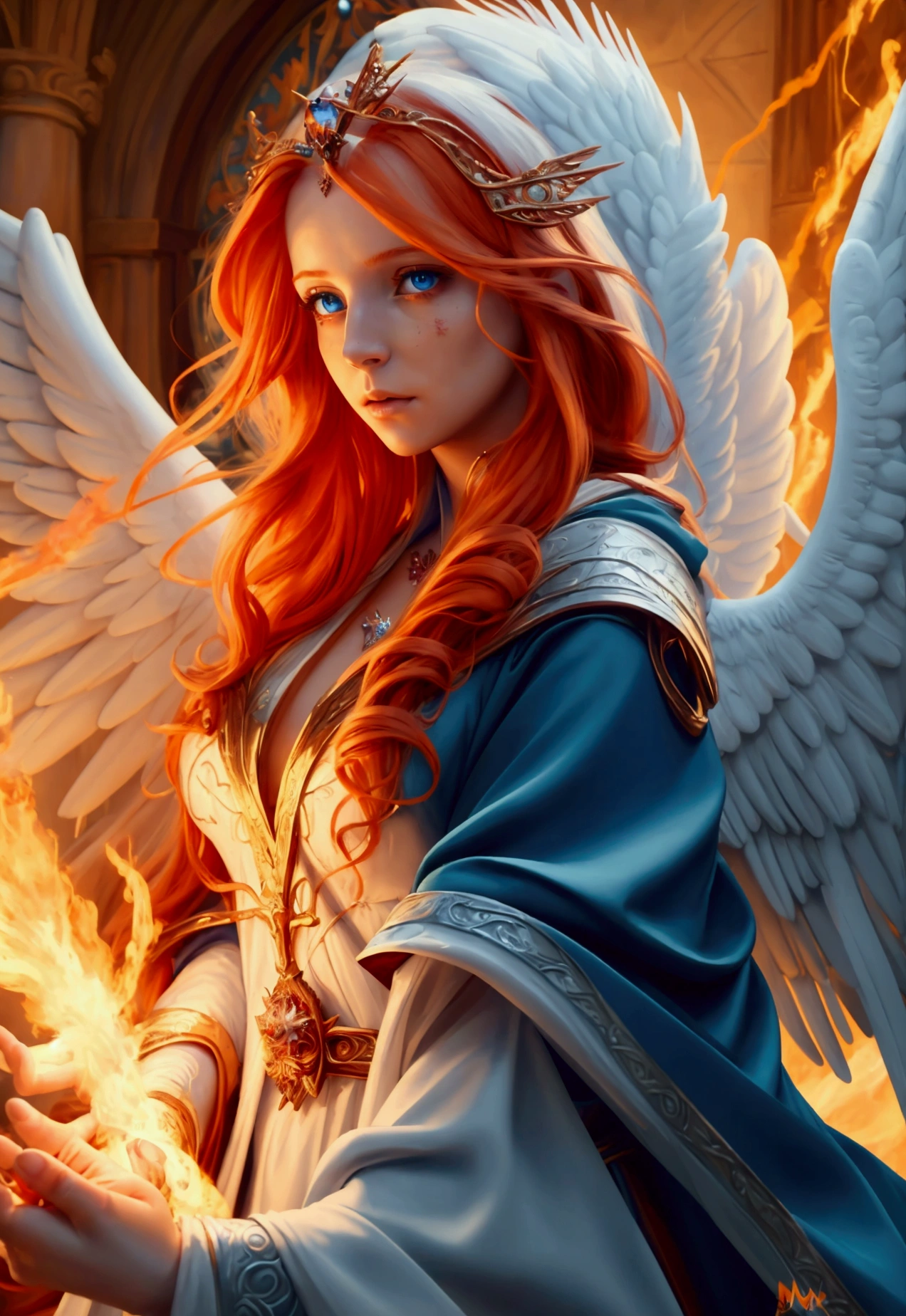a picture  female aasimar sorceress casting a fire spell,  exremley beautiful female aasimar, orange hair, long hair, wavy hair, dynamic eyes color, angelic eyes, radiant magical eyes, ultra detailed face, spread angelic wings, white angelic wings, wearing dynamic color robe, wearing blue cloak, long cloak, flowing cloak with fire motifs,  armed with magical staff,  manipulating fire magical energy, vibrant, Ultra-high resolution, High Contrast, (masterpiece:1.5), highest quality, Best aesthetics), best details, best quality, highres, 16k, [ultra detailed], masterpiece, best quality, (extremely detailed) RAW, fantasy art, dnd art, angel_wings