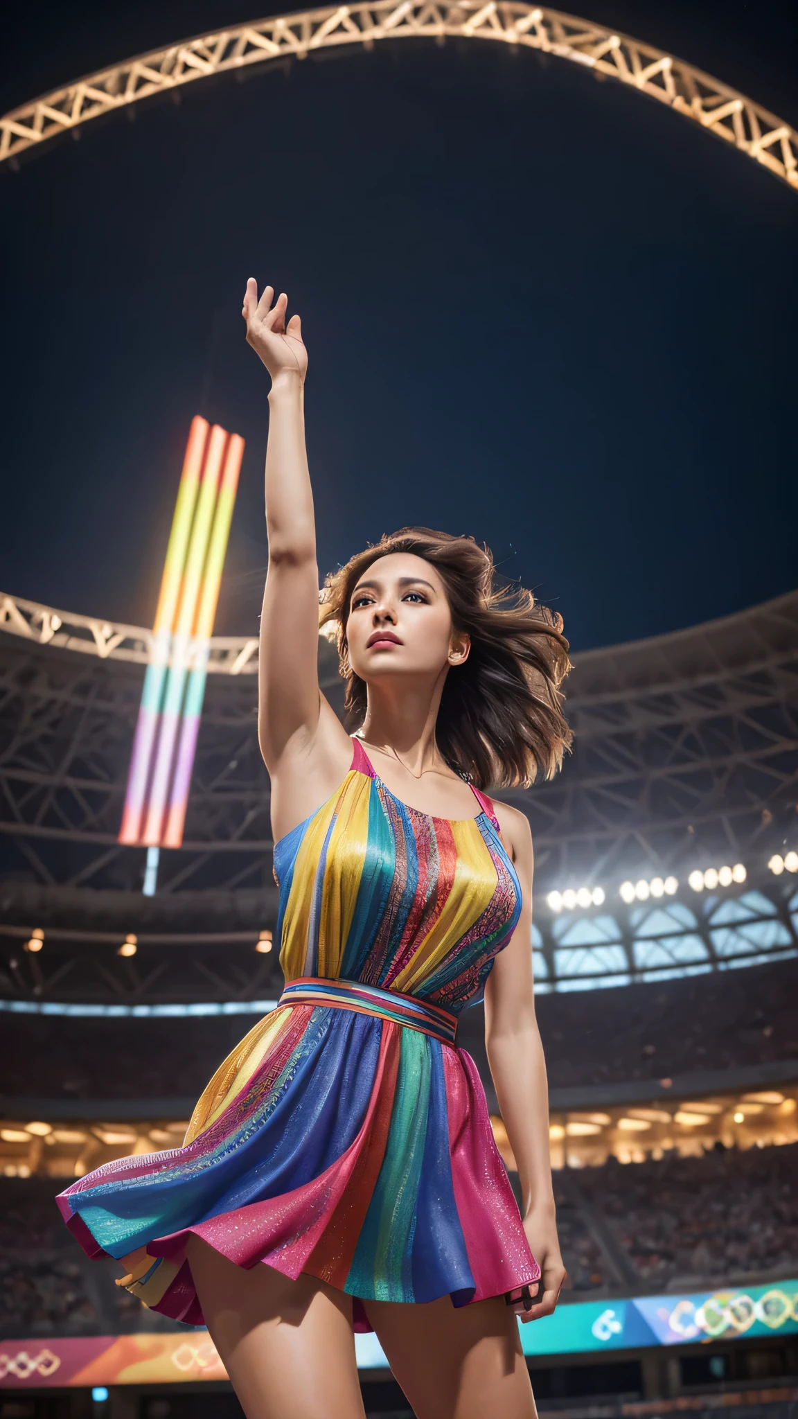 a beautiful 33 year old woman,long colorful dress with color stripes on skirt,round neck,hair in the wind,hands in flight,looking up,in the big olympic stadium,detailed edges,realistic,photorealistic,photo-realistic:1.37,best quality,4k,8k,highres,masterpiece:1.2,ultra-detailed,HDR,UHD,studio lighting,ultra-fine painting,sharp focus,physically-based rendering,extreme detail description,professional,vivid colors,bokeh