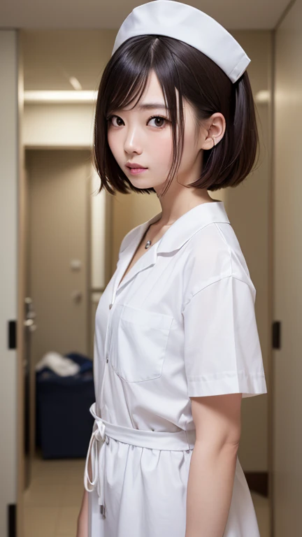 (Highest quality, 8k, 32K, masterpiece, Hmm...:1.2),Beautiful Japanese Women Photos, 1 girl, (Medium short dark brown hair), (Childlike flat chest 1.2), double eyelid, White nurse uniform, Little white nurse (cap), White shirt, Open shirt, hospital, hospital room, Upper Body,