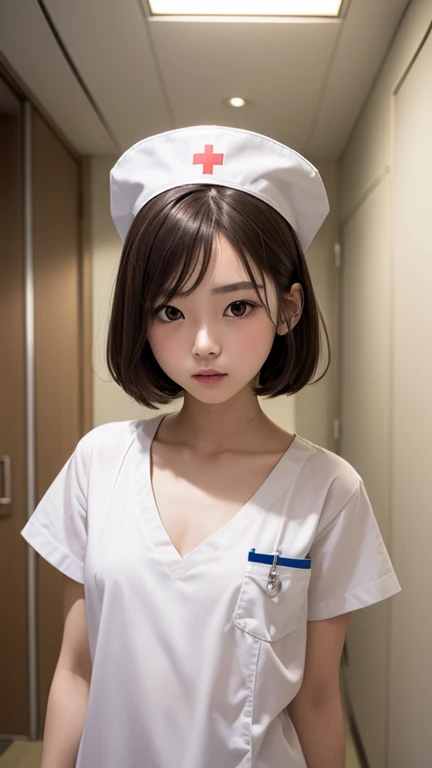 (Highest quality, 8k, 32K, masterpiece, Hmm...:1.2),Beautiful Japanese Women Photos, 1 girl, (Medium short dark brown hair), (Childlike flat chest 1.2), double eyelid, White nurse uniform, Little white nurse (cap), White shirt, Open shirt, hospital, hospital room, Upper Body,