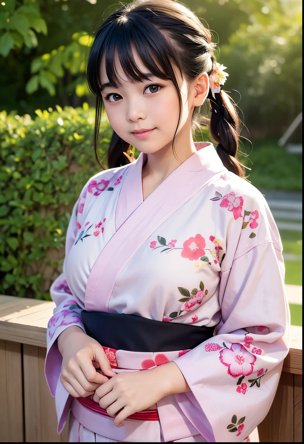 (Highest quality,masterpiece:1.3,Ultra-high resolution),(Very detailed、Caustics) (Realistic:1.4, RAW shooting、)Ultra-Realistic Capture、Very detailed、Natural skin texture、masterpiece、(Japanese elementary school girl wearing a floral yukata:1.3)、Adorable expression、Expressions of happiness、、height: 160cm、Young Face、Pure girl、Amazingly cute、Twin tail hairstyle、Curly Hair、ribbon、Black Hair、Big breasts that look like they're about to burst、Open chest、Shining thighs、Shining ass、Wearing clogs、Farm roads in the countryside、Taken in the evening、Background details、smile、An inviting gaze、(Anatomically correct)、(Cowboy Shot)、Attention to detail、