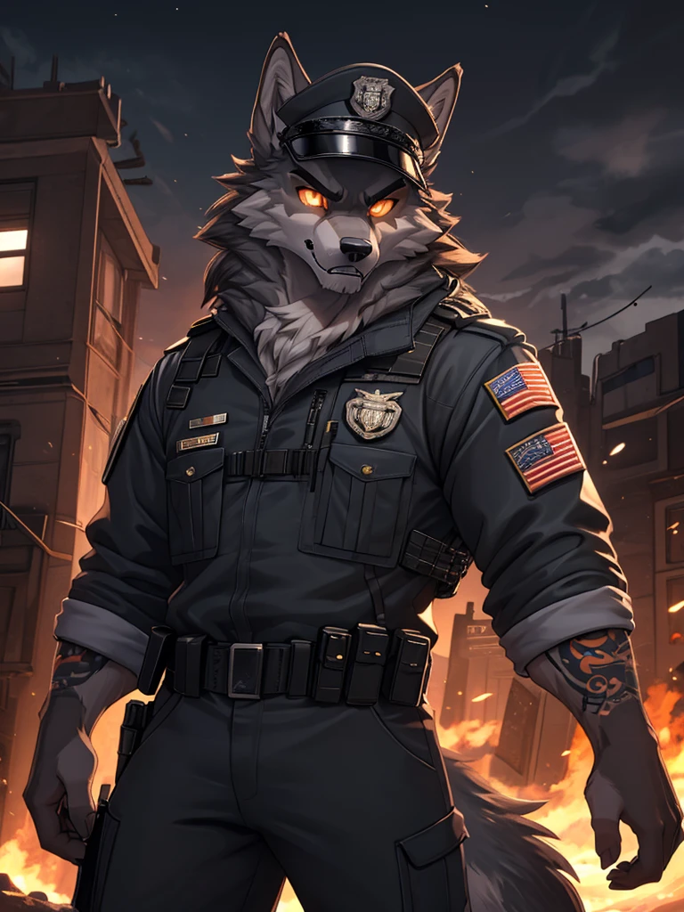 high quality, best quality masterpiece, the best definition add_detail:1 aesthetic and lighting details Wolf male military officer, decorated techwear clothing with officer hat, mature muscular male, serious intense expression, menacing threatening, thick body, dark gray fur, apocalypse landscape, body with tattoo, detailed eyes, pupila amarilla orange eyes  add_detail:1