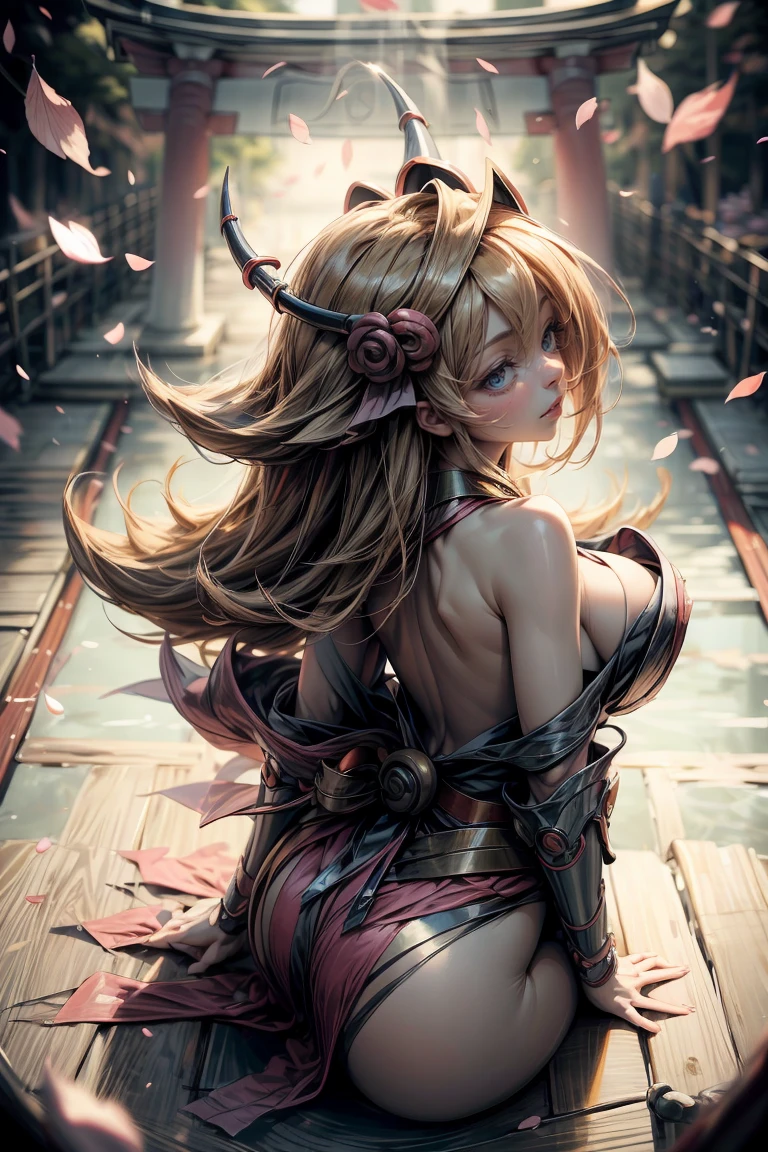 (masterpiece:1.2), (The best quality:1.2), perfect lighting, dark magician gils girl, Long blonde hair. in his twenties, arching her back in a sexy and seductive pose, accentuated super huge enormously big , neckline, beautiful open kimono, oni horns and hair ornaments, from above, cherry blossoms waving in the wind, very long red hair, sitting opening legs. Shinto shrine background, neckline profundo mostrando