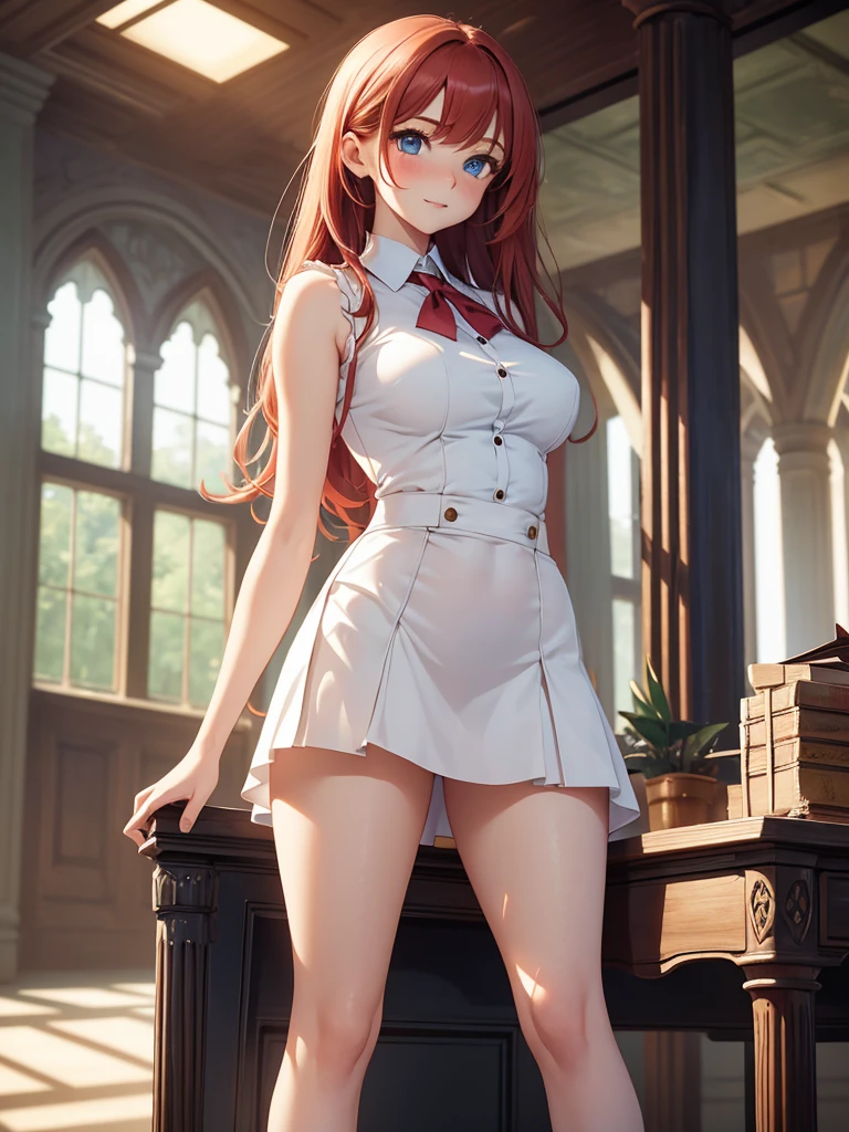 high quality, realistic touch, high detail, photorealistic, sister, girl who stays young, long body, transparent costumes, no underwear, too short skirt, big eyes, long eyelashes, long upper eyelashes, redhead and cute. Beauty, sexy Esbian, full body, bright blue eyes, red fairy wings, submissive smile, blushing cheeks, Kamimei, standing in front of an office desk at Hogwarts, slim waist, sleeveless, visible from the side, voluptuous thighs, gaze captivated, plump thighs protruding from the knee. High socks. Clothing with open sides. FULL HD 4K IMAGE WITHOUT IMPERFECTIONS PERFECT IMAGE  