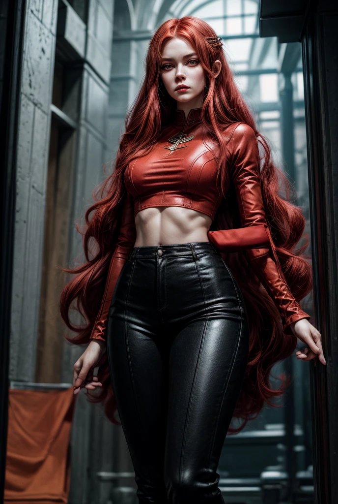 1girl, solo, masterpiece, high quality, full length, noblewoman, elven, fantasy, red hair, red eyes, black crop top, thighs, perfect body, perfect face, perfect breasts, tall, standing in fantasy city, rogue, muscular, abs