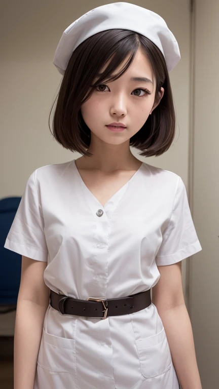 (Highest quality, 8k, 32K, masterpiece, Hmm...:1.2),Beautiful Japanese Women Photos, 1 girl, (Medium short dark brown hair), (Childlike flat chest 1.2), double eyelid, White nurse uniform, Little white nurse (cap), White shirt, Open shirt, hospital, hospital room, Upper Body,