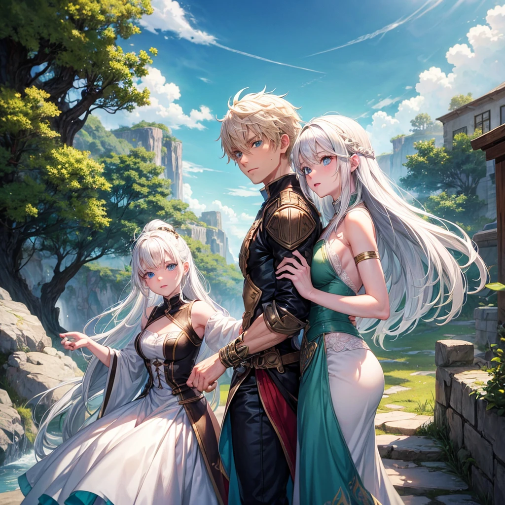 Couple adventurers blonde female with blue eyes and white haired male with green eyes