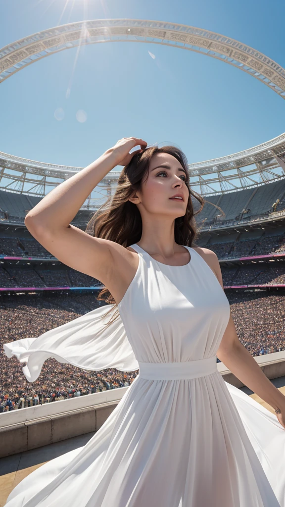 best quality, masterpiece, detailed,Real photo of a beautiful 33 year old woman in a long white dress with a color circle design, round neck, hair in the wind, hands in flight, looking up, in the Grand Olympic Stadium