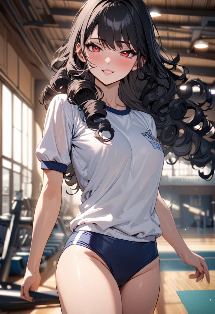 (beautiful detailed sexy style), (solo:2, 15 yo), (beautiful detailed curly:1.3), (beautiful detailed black hair long hair) (best beauty girl, beautiful red eyes, glossy lip, best sexy smile:1.1, medium tits), in a gym uniform, navy blue buruma, break, in the school gym, BREAK, perfect anatomy, masterpiece, best quality, 16k, beautiful detailed summer, daydreaming expression.