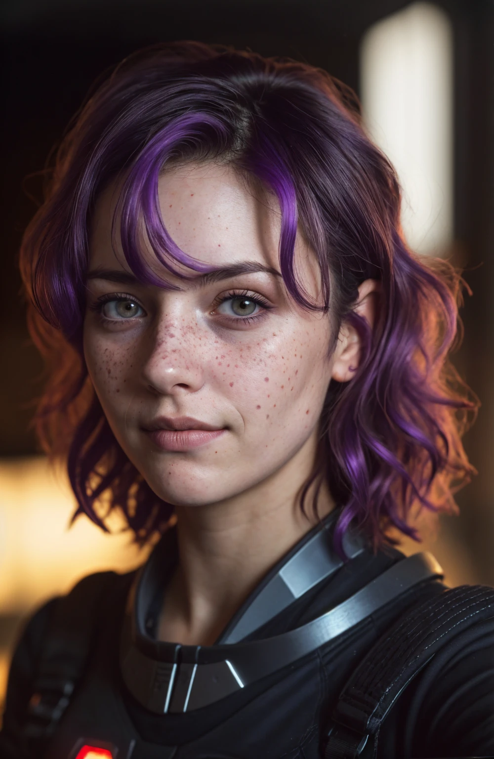 (Close-up, editorial photograph of a 21 year old woman), (highly detailed face:1.4) (smile:0.7) (background inside dark, moody, private study:1.3) POV, by lee jeffries, nikon d850, film stock photograph ,4 kodak portra 400 ,camera f1.6 lens ,rich colors, hyper realistic ,lifelike texture, dramatic lighting , cinestill 800, wavy hair, messy hair, short hair, Serious smirk, Purple hair, Purple Eyes, freckles, White Skin, Halo Suit, Sci Fi, Cyberpunk, Futurism, Mass Effect, Astral Plane, European expressions, European woman, European skin, Athletic body, selfie