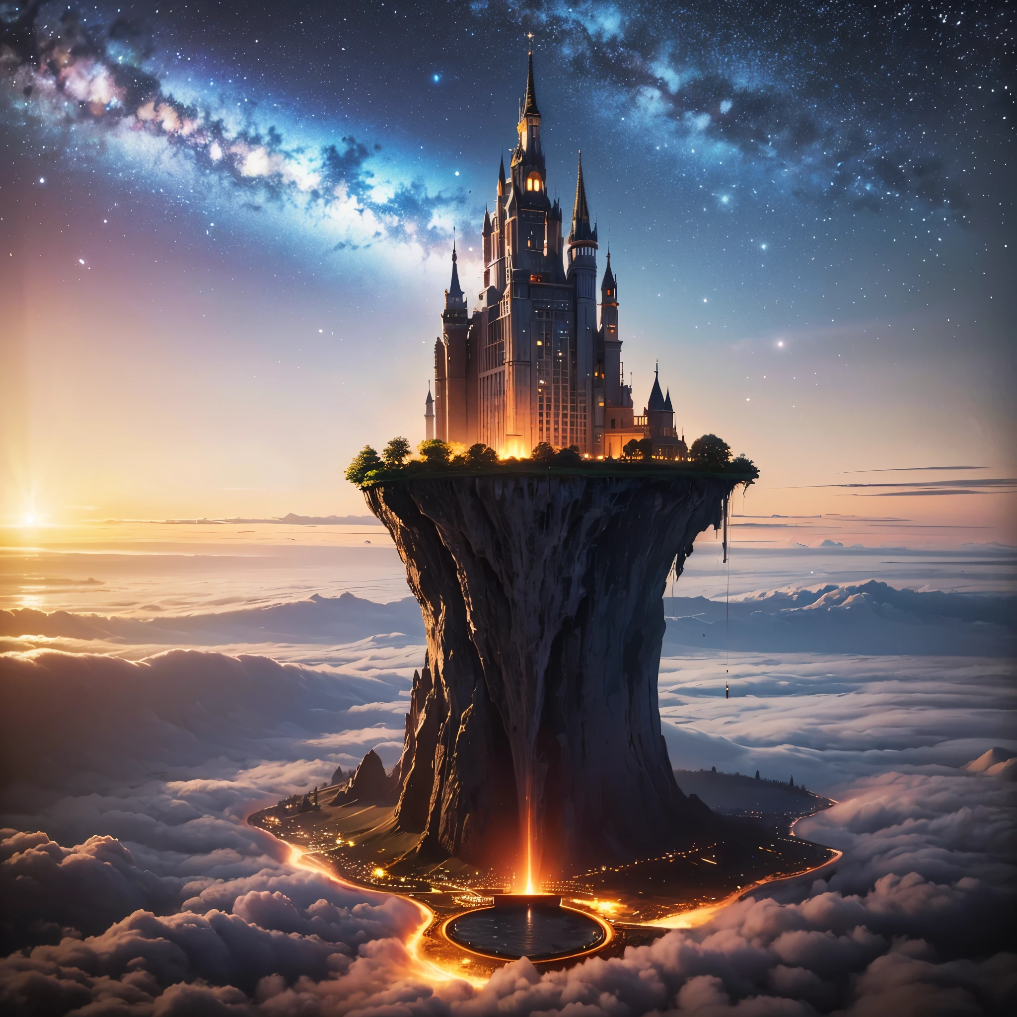 (8k, highest quality, masterpiece, final fantasy style: 1.2), (unRealistic, photoRealistic: 1.37), Dreamy landscape, Fantasy, Unsurreal landscapes, Super detailed, Flying Castle, Floating Island in the Sky, Seven-colored swirl of light, Intense lightning, milky way, Complex Light, Colored light, Large Lake, Starry sky reflected on the lake surface, Countless shining stars, Meteors, Reflections , (A pillar of light emanated from the ground:1,2),heavenly roses and orchids gardens on the ground , sunset, pink clouds, waterfall in the sky, realistic style, Hyperrealism drawing, fairies flying, a flying pirate spaceship floating at the clouds level, burning skyscrapers, cyborgs,