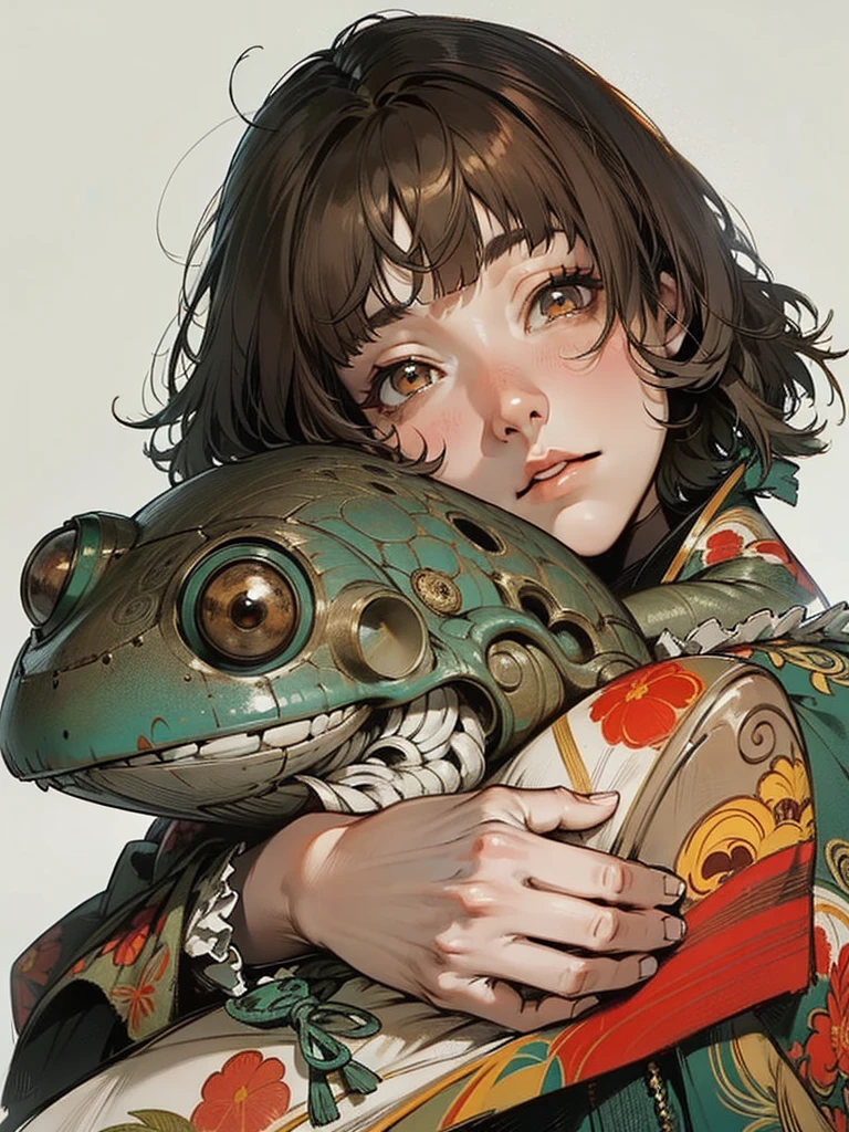 (8K wallpaper unified with super definition CG, work of art, Maximum quality, super definition), (better lighting, better shadows, extremely delicate and beautiful), (looking ahead at viewer), (Eye height: 1.4), lifeless eyes. water colour. White background, whole body. (hair with blunt bangs:1.2), {slickedback hair}, (bronze hair: 1.2), (lightbrown eyes: 1.4), Your eyes are dead. She is wearing a charcoal gray casual dress. (really short hair:1.8)