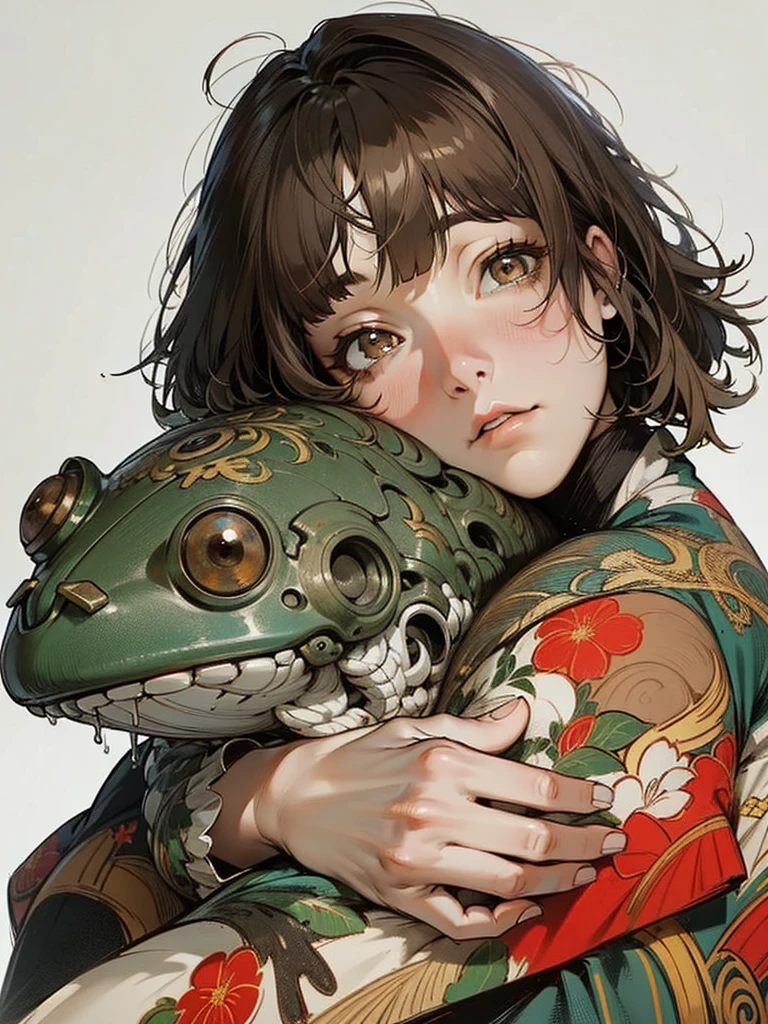 (8K wallpaper unified with super definition CG, work of art, Maximum quality, super definition), (better lighting, better shadows, extremely delicate and beautiful), (looking ahead at viewer), (Eye height: 1.4), lifeless eyes. water colour. White background, whole body. (hair with blunt bangs:1.2), {slickedback hair}, (bronze hair: 1.2), (lightbrown eyes: 1.4), Your eyes are dead. She is wearing a charcoal gray casual dress. (really short hair:1.8)