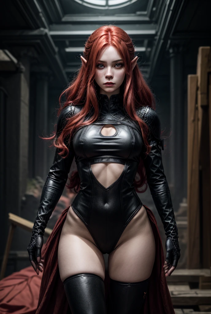 1girl, solo, masterpiece, high quality, full length, noblewoman, elven, fantasy, red hair, black clothing, black crop top, thighs, perfect body, perfect face, perfect breasts, tall, standing in fantasy city, rogue, muscular, abs