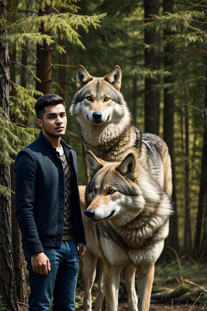 Young man next to a wolf 