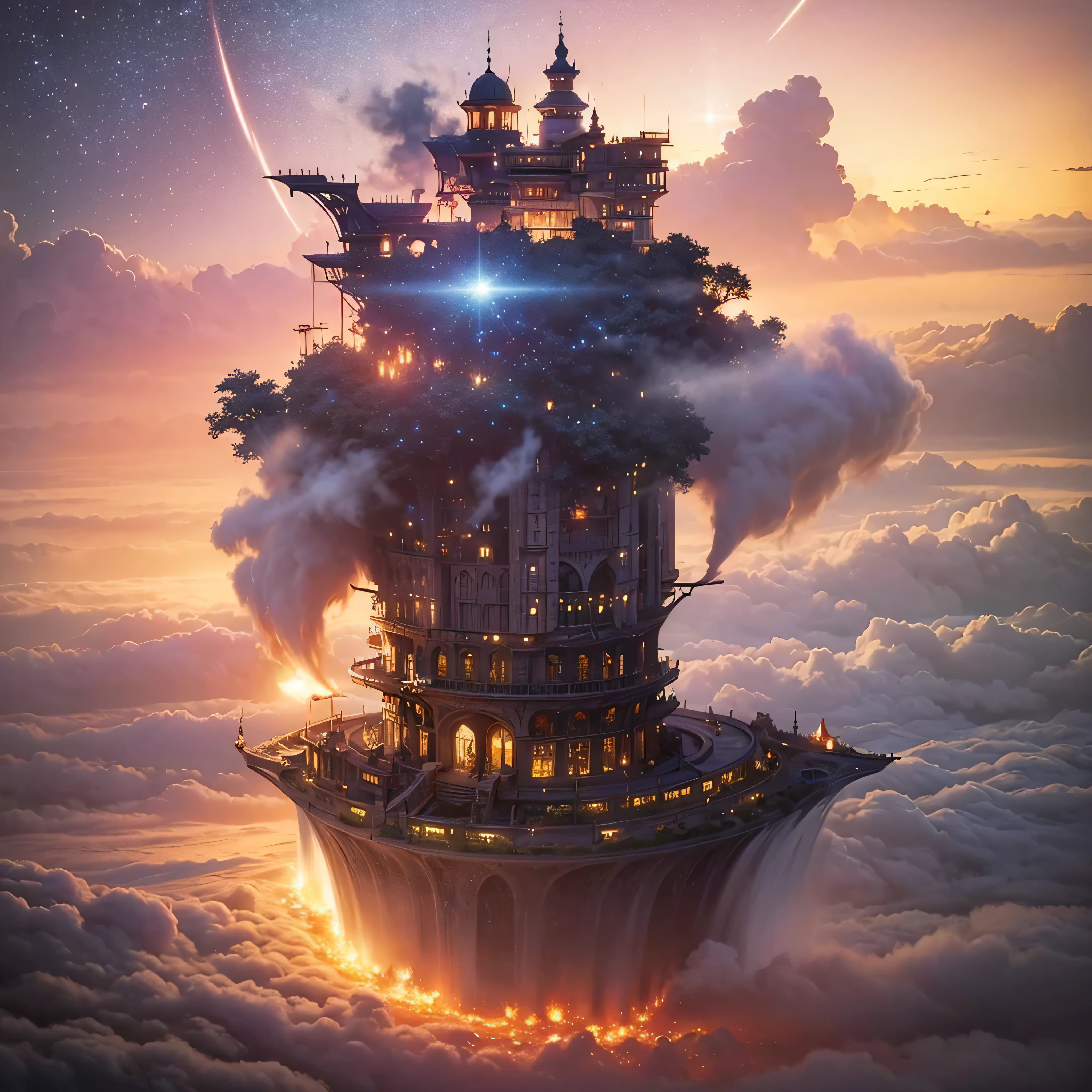 (8k, highest quality, masterpiece, final fantasy style: 1.2), (unRealistic, photoRealistic: 1.37), Dreamy landscape, Fantasy, Unsurreal landscapes, Super detailed, Flying Castle, Floating Island in the Sky, Seven-colored swirl of light, Intense lightning, milky way, Complex Light, Colored light, Large Lake, Starry sky reflected on the lake surface, Countless shining stars, Meteors, Reflections , (A pillar of light emanated from the ground:1,2),heavenly roses and orchids gardens on the ground , sunset, pink clouds, waterfall in the sky, realistic style, Hyperrealism drawing, fairies flying, a flying pirate spaceship floating at the clouds level, burning skyscrapers, cyborgs,