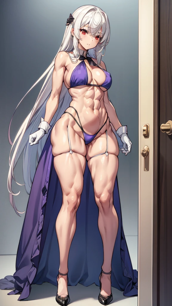 (((1 girl))), when he plows, ninym ralei hair bows, (Red eyes: 1.5), White hair, (White hair: 1.1), yellow hair ornament, black bow tie, (purple bracelets:1.2), white gloves, (blue bikini corto apretado, (((blue bikini))), black thighs, black thigh stockings), has, (muscular belly), muscular abs, Wide hips, Thin waist, small breasts, (((posing sexy))), wearing black heels, (((standing))), {{{Full body photo}}}, blushing, embarrassed, ashamed, REST looking at the viewer , breaking and entering, castle study,{study castle room}, interval (masterpiece: 1.2), Best Quality, highest resolution, unity wallpaper 8k, (illustration: 0.8), (beautiful detailed eyes: 1.6), (extremely detailed face), perfect lighting, Extremely detailed CG, (perfect anatomy), {anatomically correct}, {{perfect hands, (correct hands)}, {perfect and beautiful}.