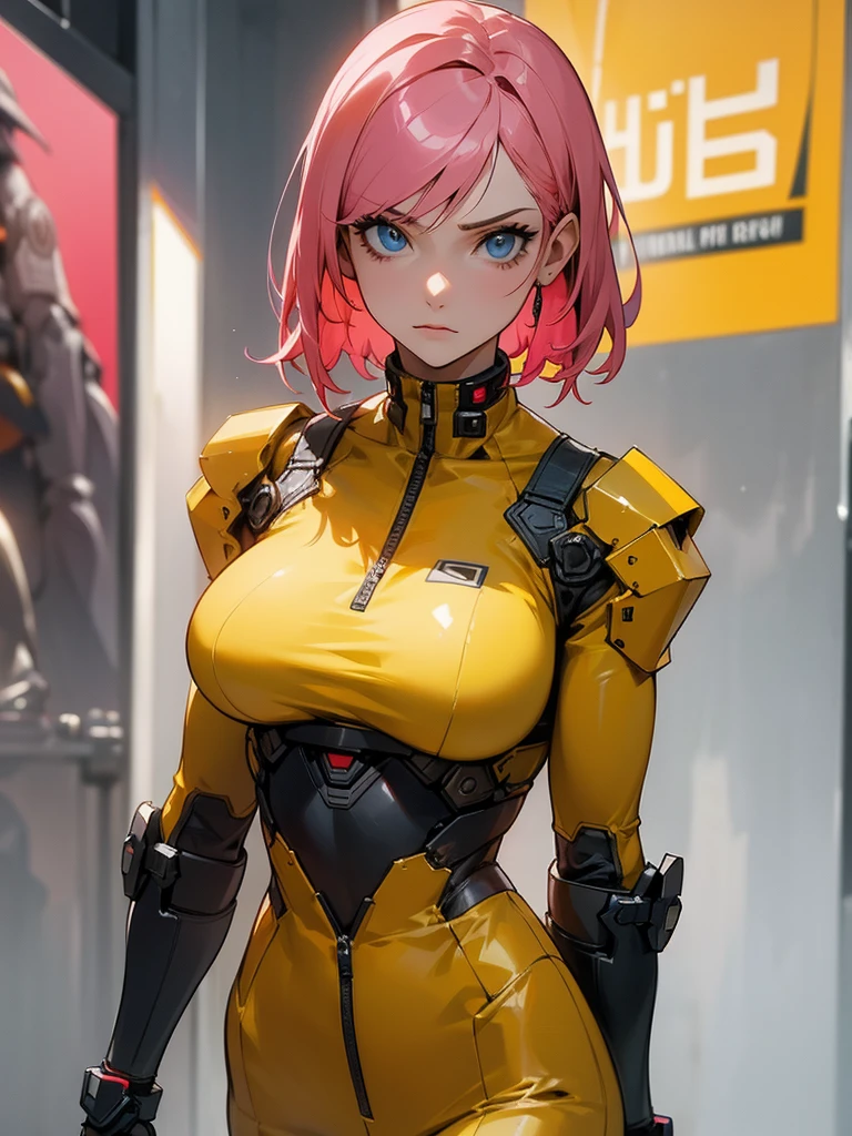 Fake body , Mature woman in metal rising revengeance body details, foto de busto, big pink hair, shining blue eyes, wearing a mustard yellow jumpsuit, breasts big, looking 35 years old, eye on the spectator, Look to the camera, , the background is a cyberpunk city, revegeance expression, foco no rosto, de frente, foco no busto, riaden armor of metal gear rising