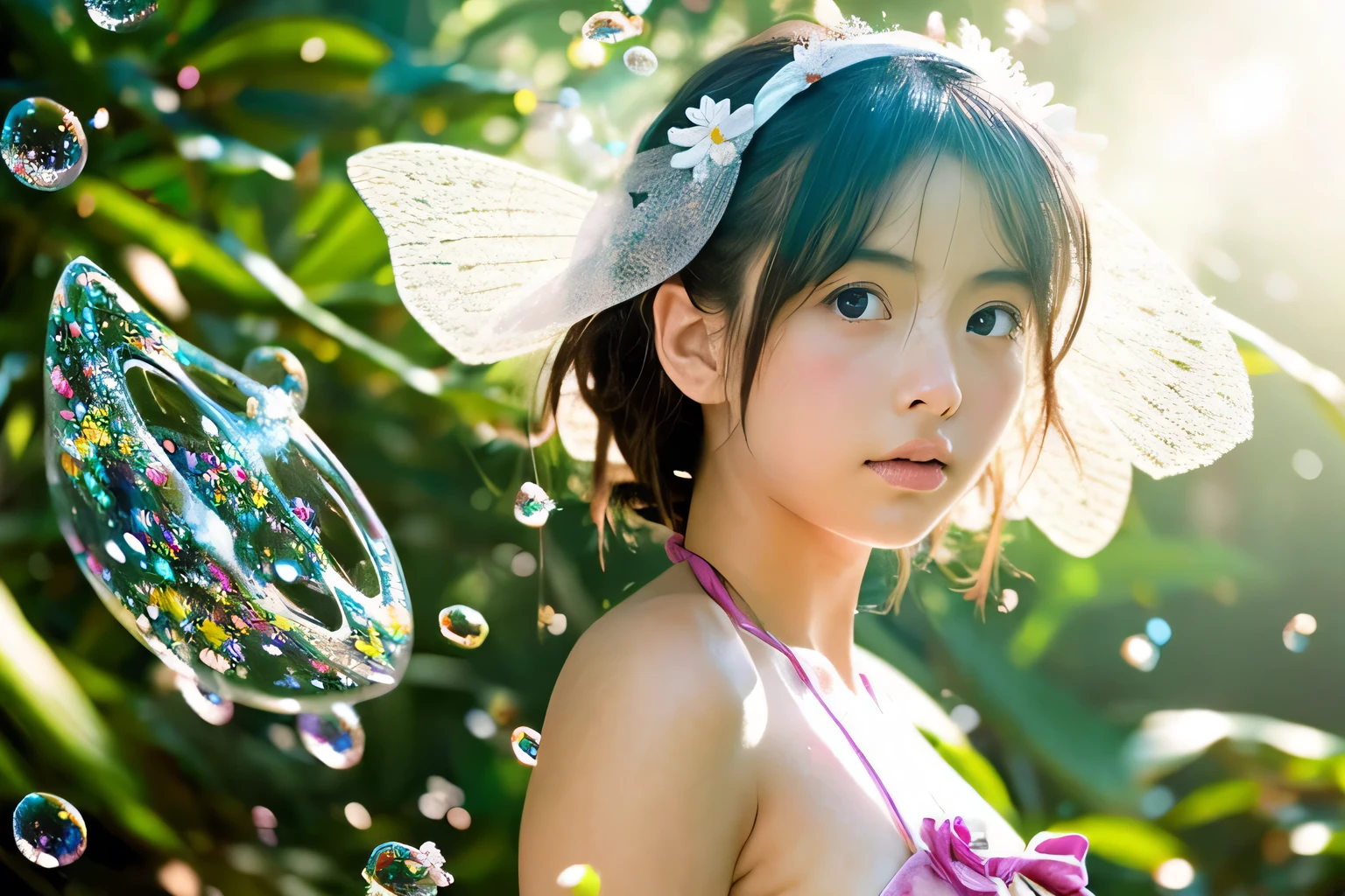 super real photo,Fantastic surrealism、Fairies in the world of soap bubbles、Japanese Micro Bikini,17-year-old beautiful girl、Emerging from a soap bubble, cinematic, portrait photography, photo, fashion