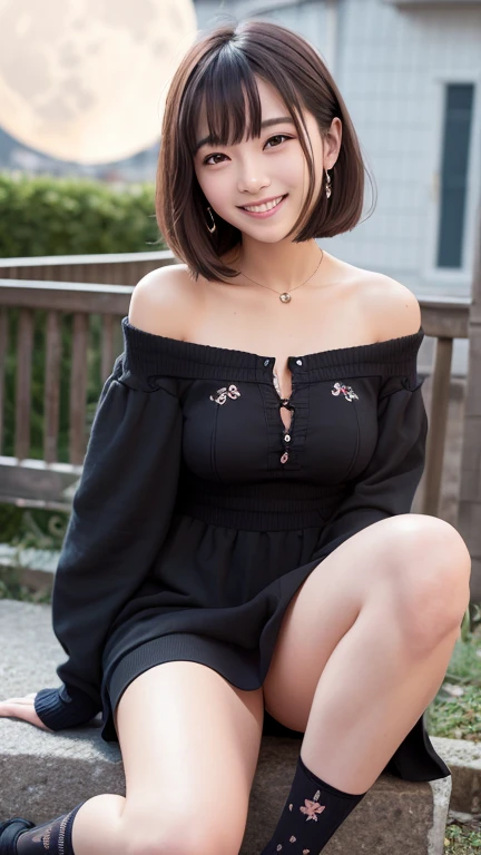 Half-body photo、Take close-up photos of your face、Fair skin、Great light、Beautiful lighting、、Blunt bangs、Detailed embroidery、Black Dress、Off-the-shoulder jacket、Gorgeous Accessories、Knee-high socks、Full moon night、Outdoor Background、smile、かわいいsmile