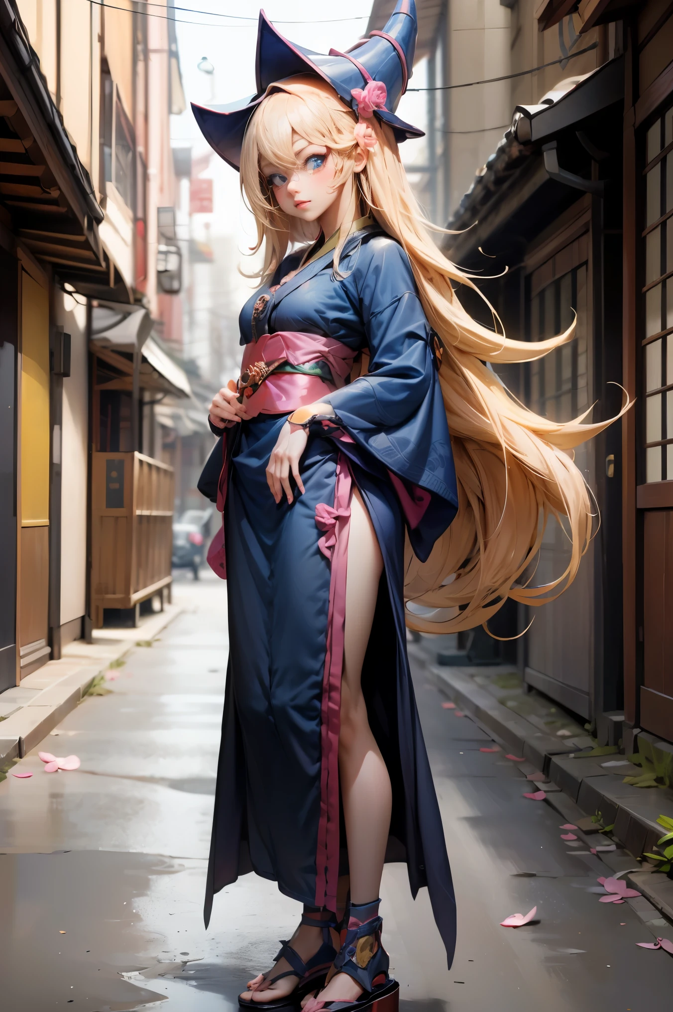 Whole body,Full shot of dark magician gils in the form of a geisha with big bright blue eyes and long fluffy eyelashes of the Nordic type with a perfect elegant figure and very long fluffy wavy hair of bright blonde color is in full growth in the alley with the japanese background pink sakura blooms on a bright navy blue kimono and japanese shoes turning bright navy blue, Girl'The lace kimono has an intricate design with ultra-short frank cuts......, Through the fabric you can see small breasts with protuberances and on the girl's ears are beautiful earrings with beautiful navy blue sapphires that shine and shine in the light..... The ground on which the girl stands is strewn with cherry blossoms......, The scene is very artistic.., High resolution, sharp focus, Midday art style-V5., hyperphotorealism, perfect proportions, Photo of the golden ratio.., walking stick, contour, sunlight, soft shine, soft focus, Photography-style soft focus through a Monocle lens.