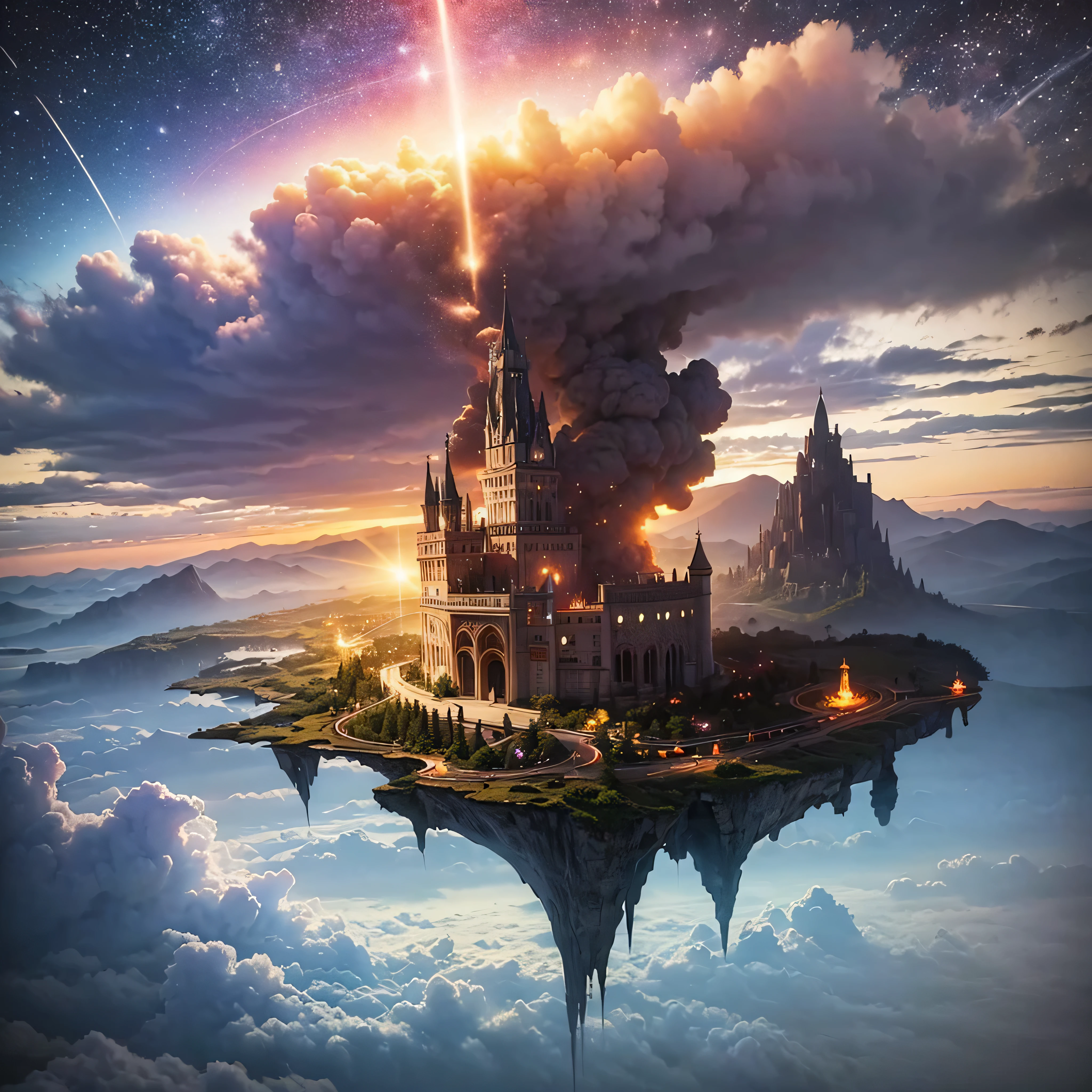 (8k, highest quality, masterpiece, final fantasy style: 1.2), (unRealistic, photoRealistic: 1.37), Dreamy landscape, Fantasy, Unsurreal landscapes, Super detailed, Flying Castle, Floating Island in the Sky, Seven-colored swirl of light, Intense lightning, milky way, Complex Light, Colored light, Large Lake, Starry sky reflected on the lake surface, Countless shining stars, Meteors,  Reflections , (A pillar of light emanated from the ground:1,2),heavenly roses and orchids gardens on the ground , sunset, pink clouds, waterfall in the sky, realistic style, Hyperrealism drawing, fairies flying, a flying pirate spaceship floating at the clouds level, burning skyscrapers, cyborgs, 