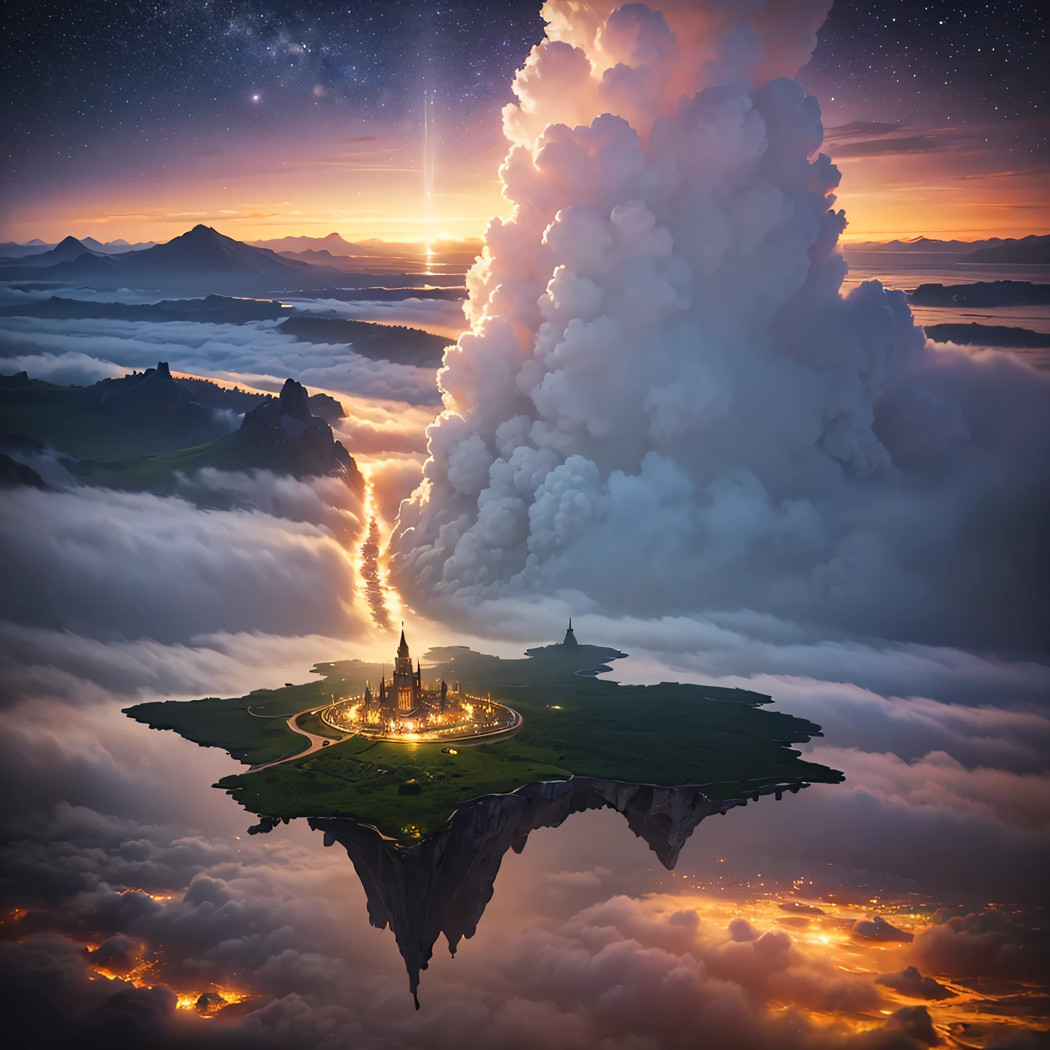 (8k, highest quality, masterpiece, final fantasy style: 1.2), (unRealistic, photoRealistic: 1.37), Dreamy landscape, Fantasy, Unsurreal landscapes, Super detailed, Flying Castle, Floating Island in the Sky, Seven-colored swirl of light, Intense lightning, milky way, Complex Light, Colored light, Large Lake, Starry sky reflected on the lake surface, Countless shining stars, Meteors, Reflections , (A pillar of light emanated from the ground:1,2),heavenly roses and orchids gardens on the ground , sunset, pink clouds, waterfall in the sky, realistic style, Hyperrealism drawing, fairies flying, a flying pirate spaceship floating at the clouds level, burning skyscrapers, cyborgs,