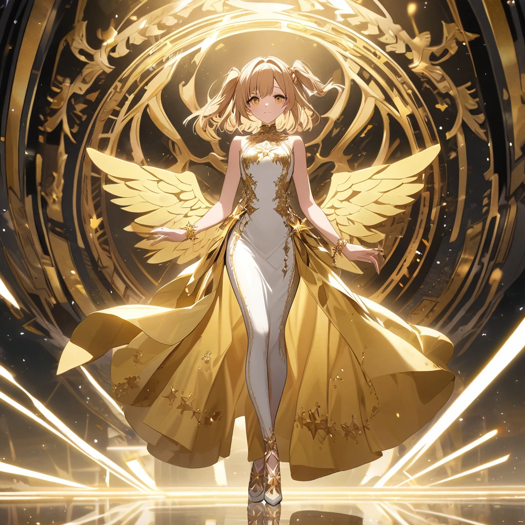 goddess(gold short hair, side-up hair, golden eyes, one-piece long dress, white high heels, golden wings, star-motif bracelet)
