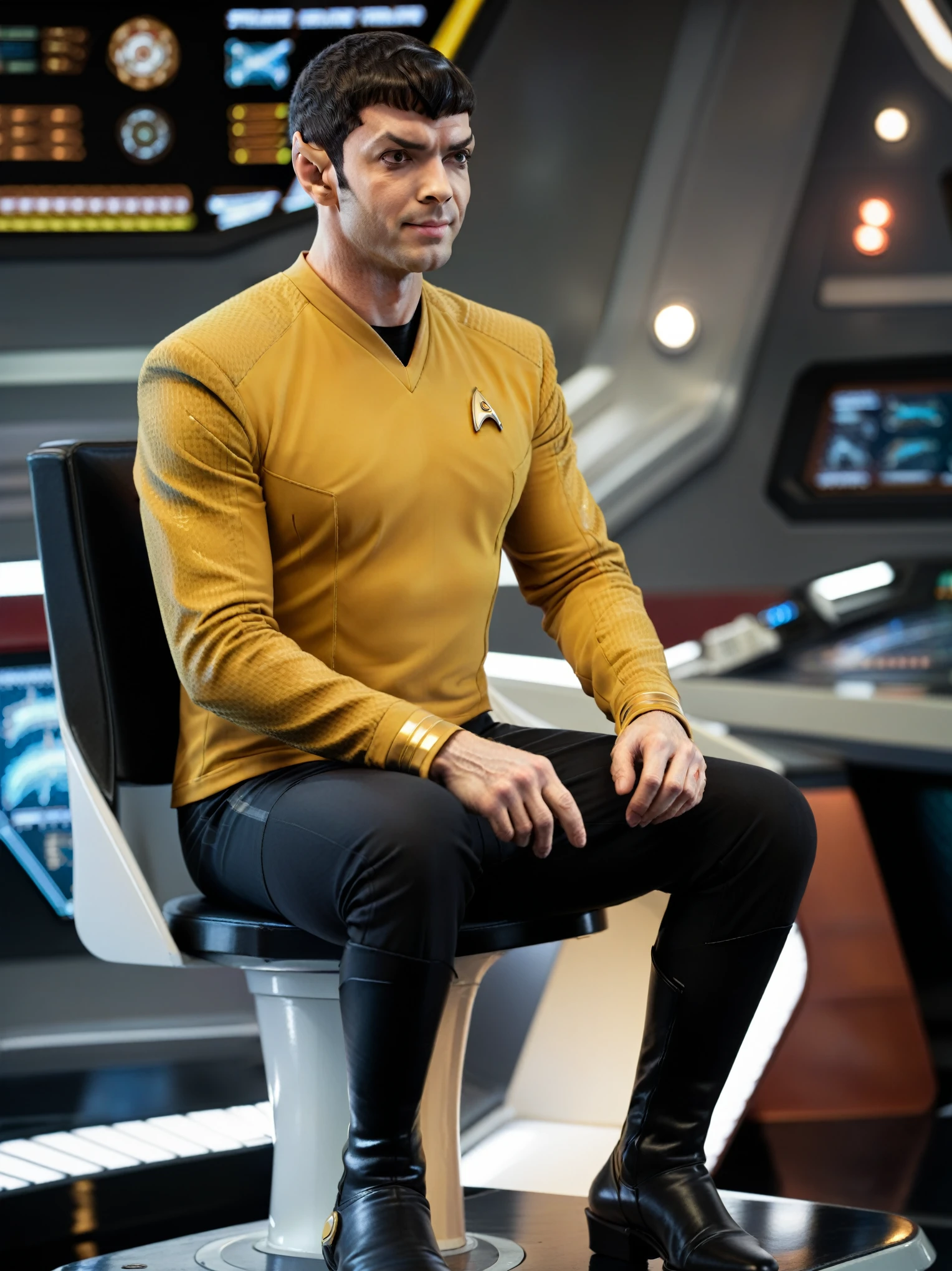 vulcan in yellow stsnwunf uniform,sitting on a chair,starship bridge