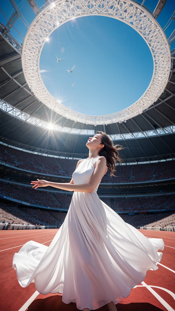 best quality, masterpiece, detailed,Real photo of a beautiful 33 year old woman in a long white dream dress with a color circle design, round neck, hair in the wind, hands in flight, looking up, in the Grand Olympic Stadium