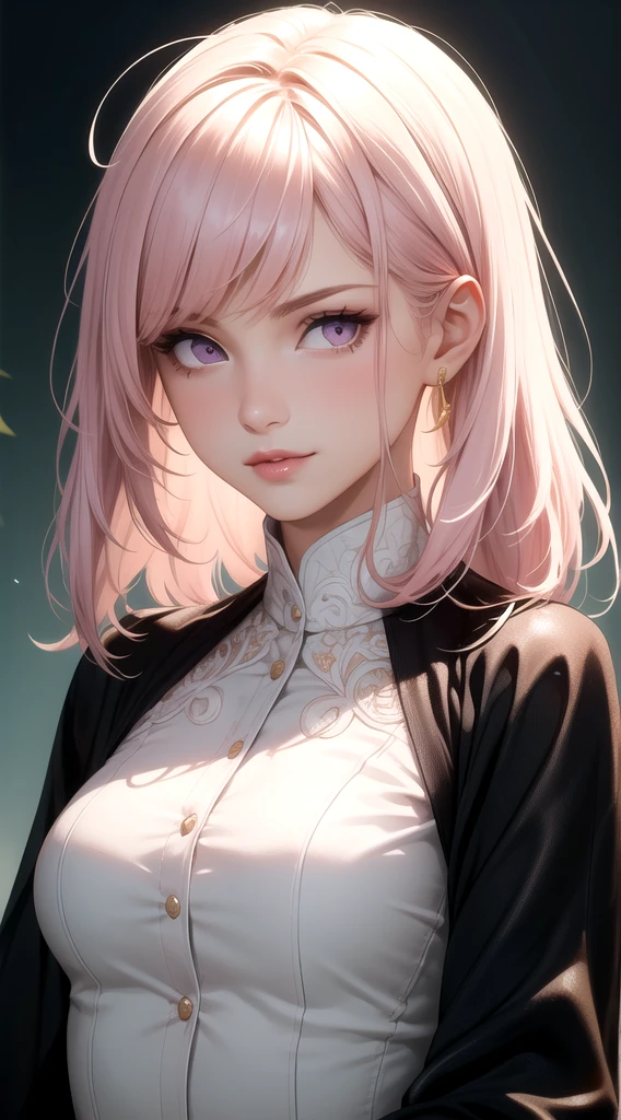 (masterpiece, best quality), intricate details, thin, ((slim)), beautiful girl, Light pink hair, white skin, light purple eyes, sharp jawline, cropped jacket, messy hair, lips, upper body, close up, smirk