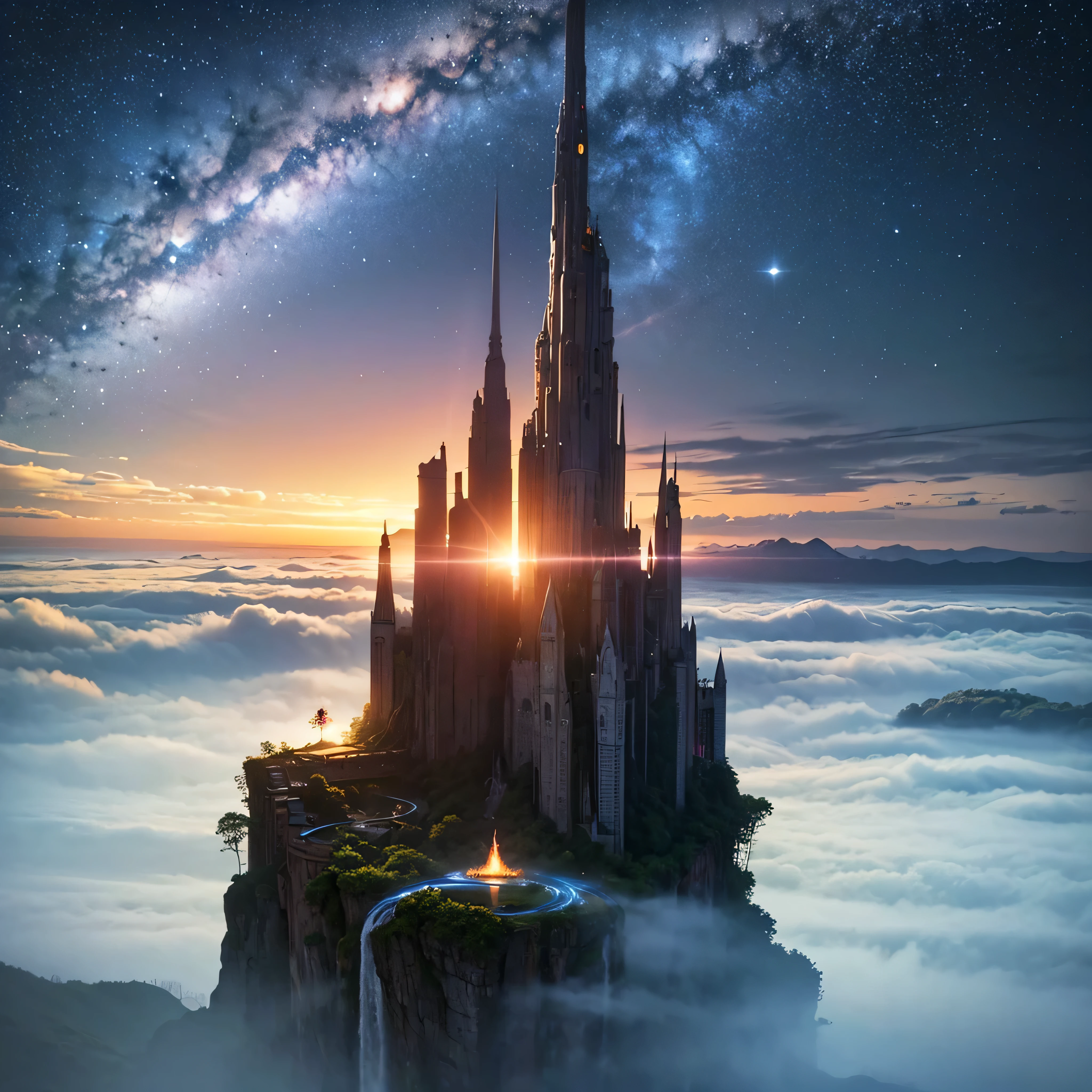 (8k, highest quality, masterpiece, final fantasy style: 1.2), (unRealistic, photoRealistic: 1.37), Dreamy landscape, Fantasy, Unsurreal landscapes, Super detailed, Flying Castle, Floating Island in the Sky, Seven-colored swirl of light, Intense lightning, milky way, Complex Light, Colored light, Large Lake, Starry sky reflected on the lake surface, Countless shining stars, Meteors,  Reflections , (A pillar of light emanated from the ground:1,2),heavenly roses and orchids gardens on the ground , sunset, pink clouds, waterfall in the sky, realistic style, Hyperrealism drawing, fairies flying, a flying pirate spaceship floating at the clouds level, burning skyscrapers, cyborgs, 