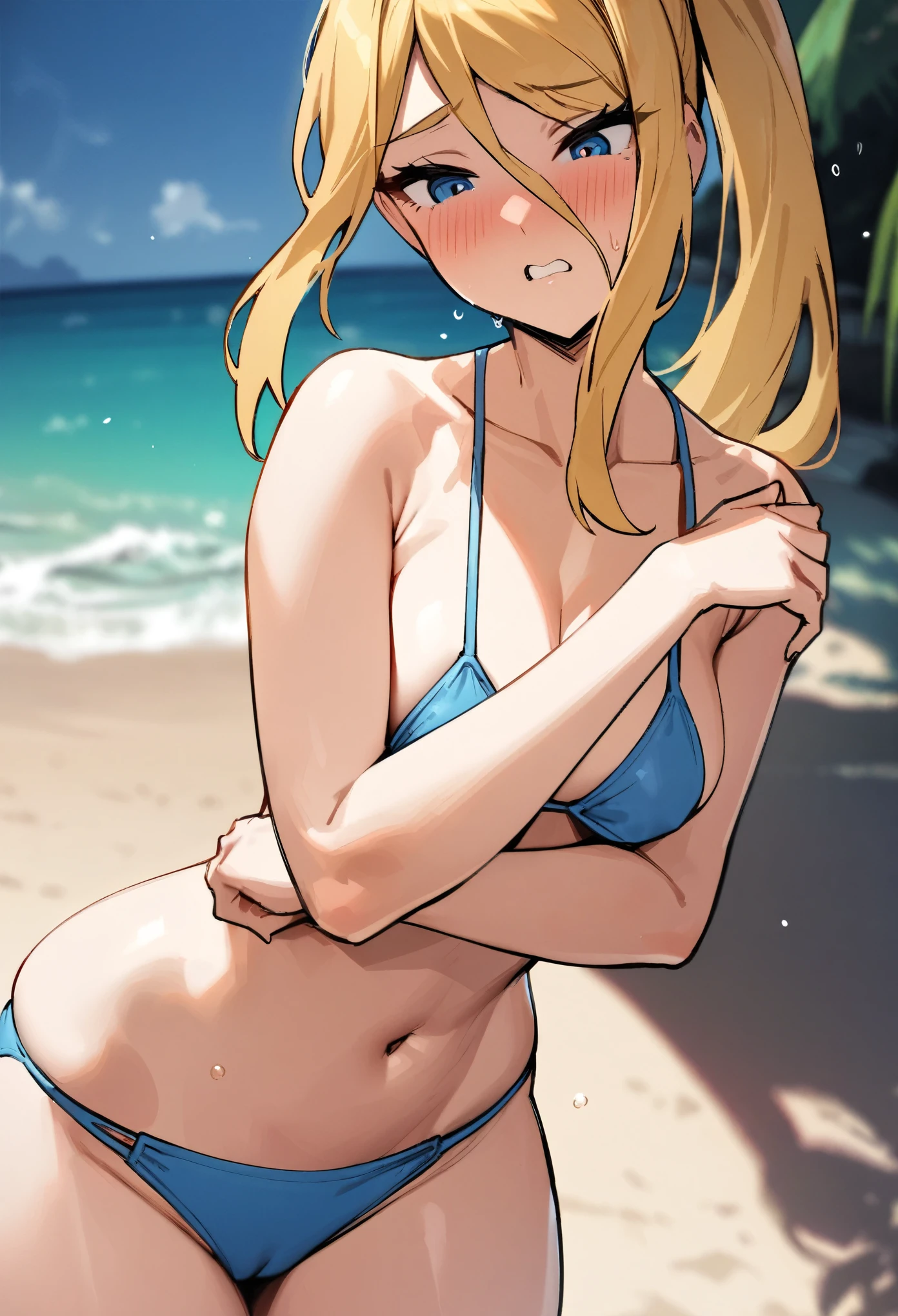 masterpiece, best quality, expressive eyes, perfect face, highres, 1girl, solo, defSamus, blonde hair, bluebikini, topless,masturving, hand under under-bikini, nervous face,standing, looking at you, beach